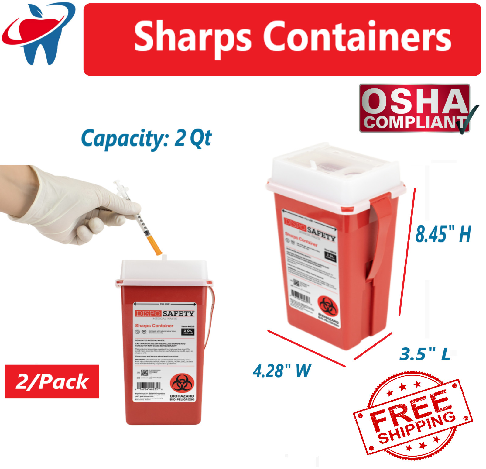 2 PACK! Sharps 2 Quart Biohazard Container Needle Disposal Doctor DYNAREX