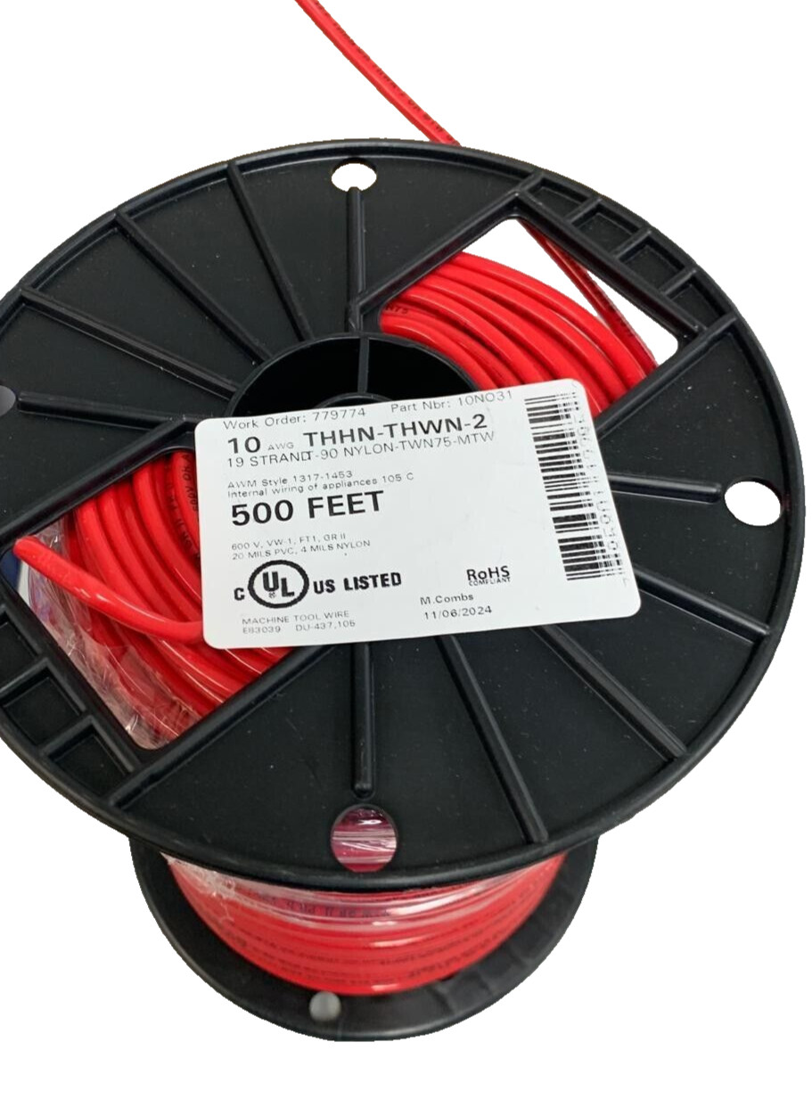 New 500’ 10 AWG THHN THWN RoHS Stranded Copper Wire in Red Black White or Green