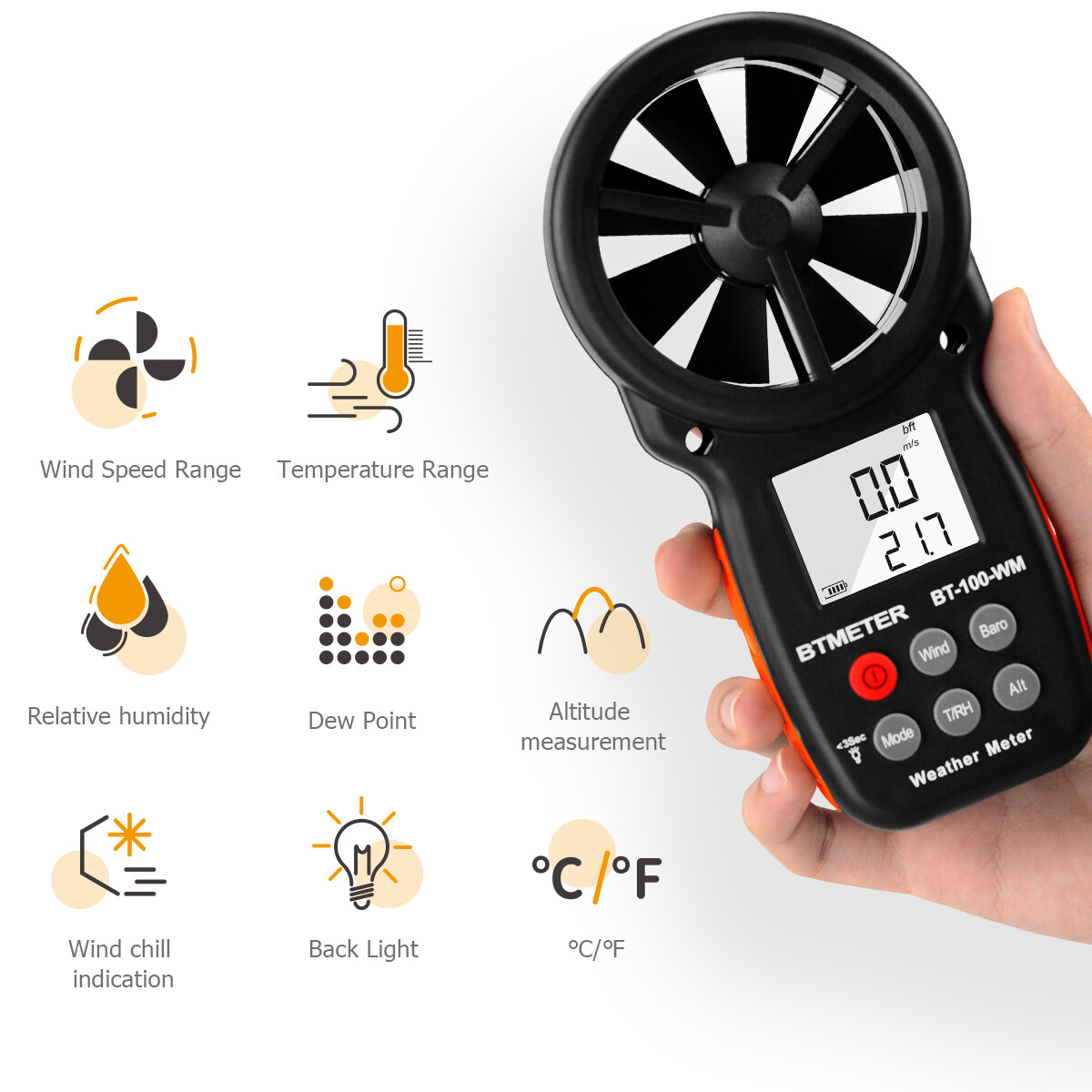 BTMETER Wind Speed Meter Handheld Anemometer Air Flow MAX/MIN/AVG Temperature
