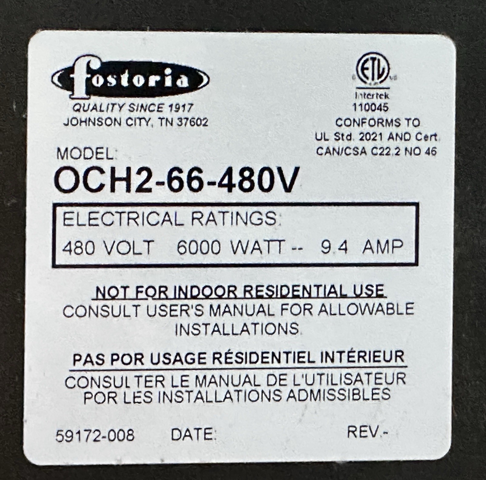 Fostoria OCH2-66-480V Outdoor Trimline Infrared Heater 6000W 480V NOB