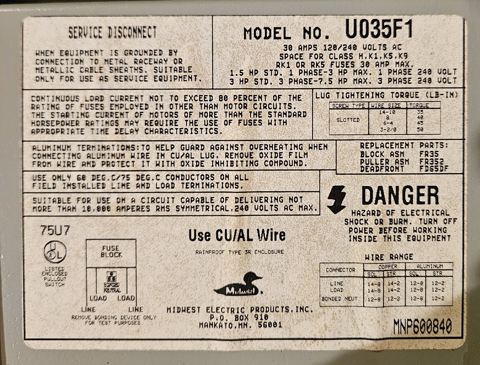 Midwest U035F1 30 Amp 120/240 Volt Fusible 3R Service Disconnect Enclosure «NEW»