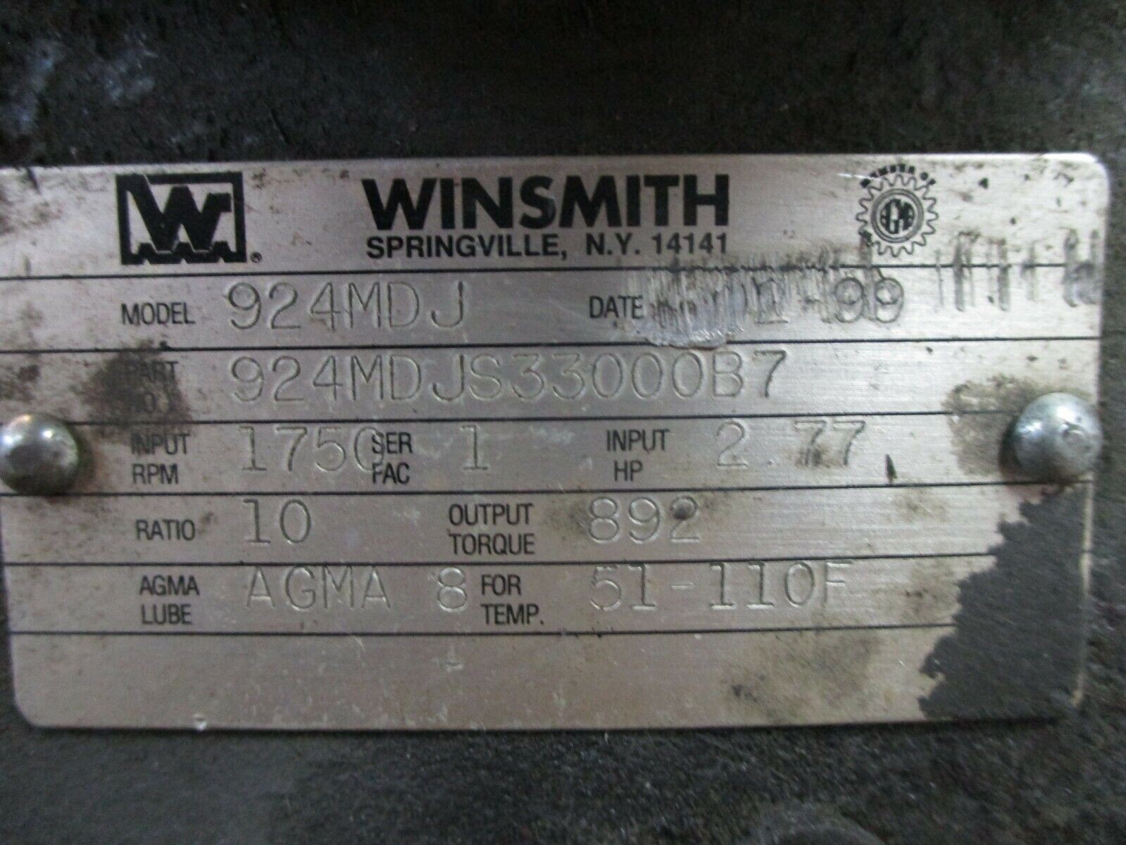 Winsmith Gear Reducer 924MDJ Ratio 10:1 2.77 HP In 1800 RPM In Used