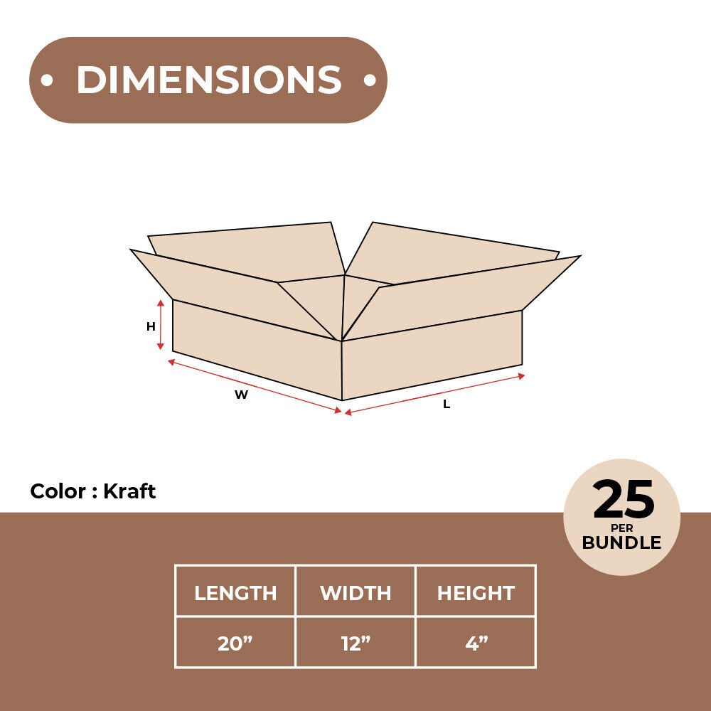 20 x 12 x 4″ Flat Corrugated Boxes, ECT-32 Brown Shipping/Moving Boxes 25/Bundle