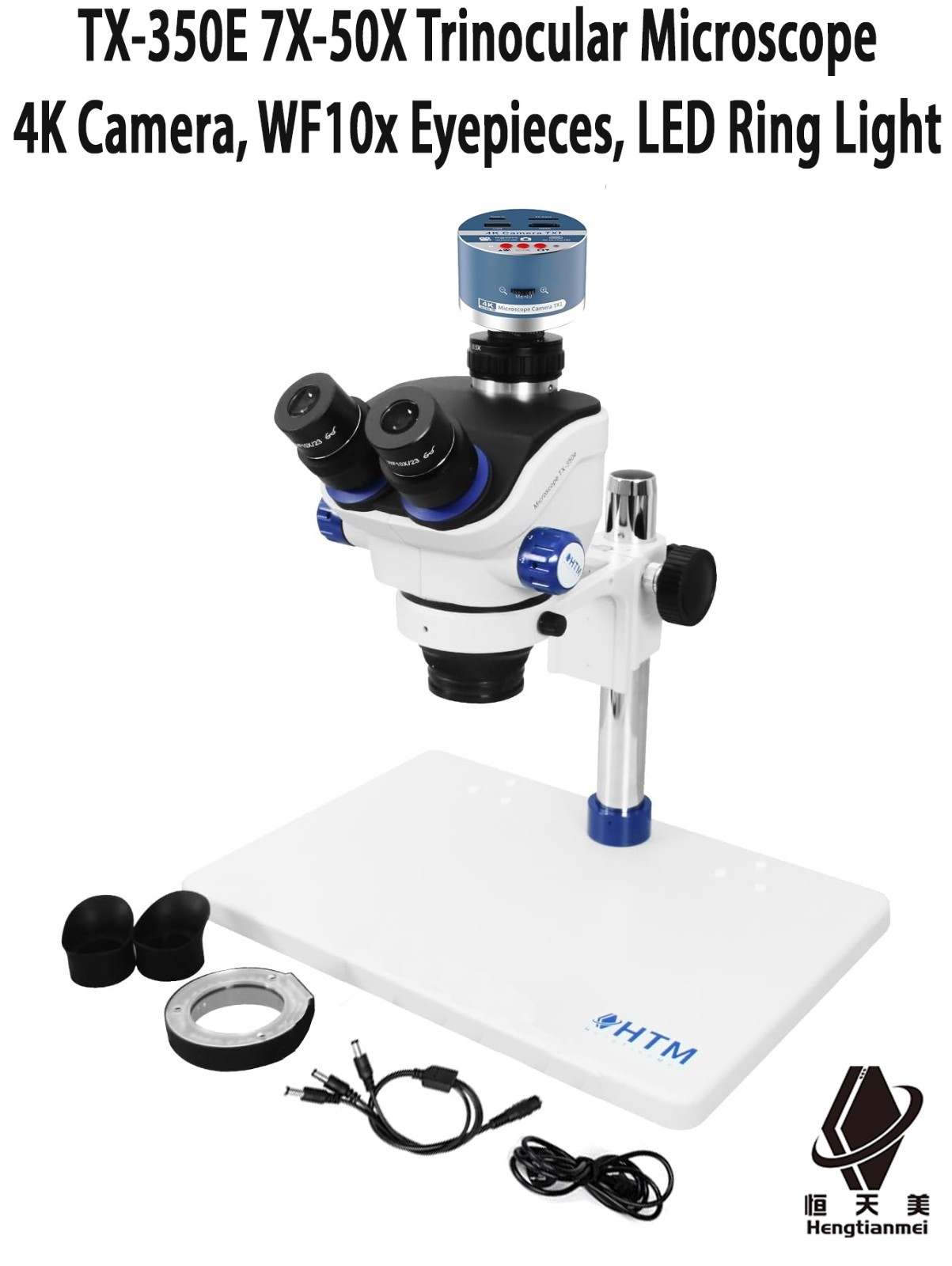 TX-350E 7X-50X Trinocular Microscope, 4K Camera, WF10x Eyepieces, LED Ring Light