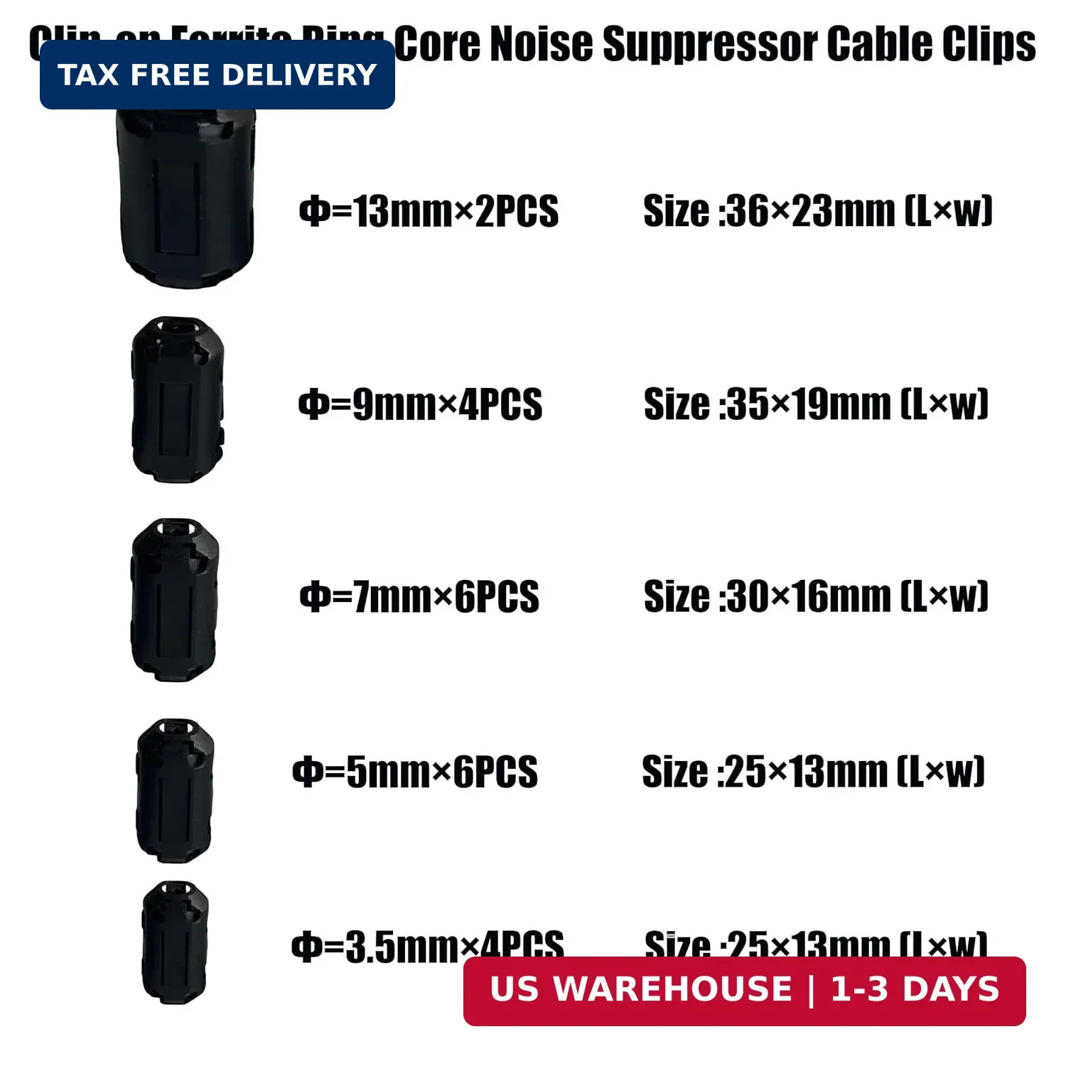 Ferrite Core Cable Clips Set, 22 Pieces, 3.5-13mm Diameter, EMI RFI Noise Suppre