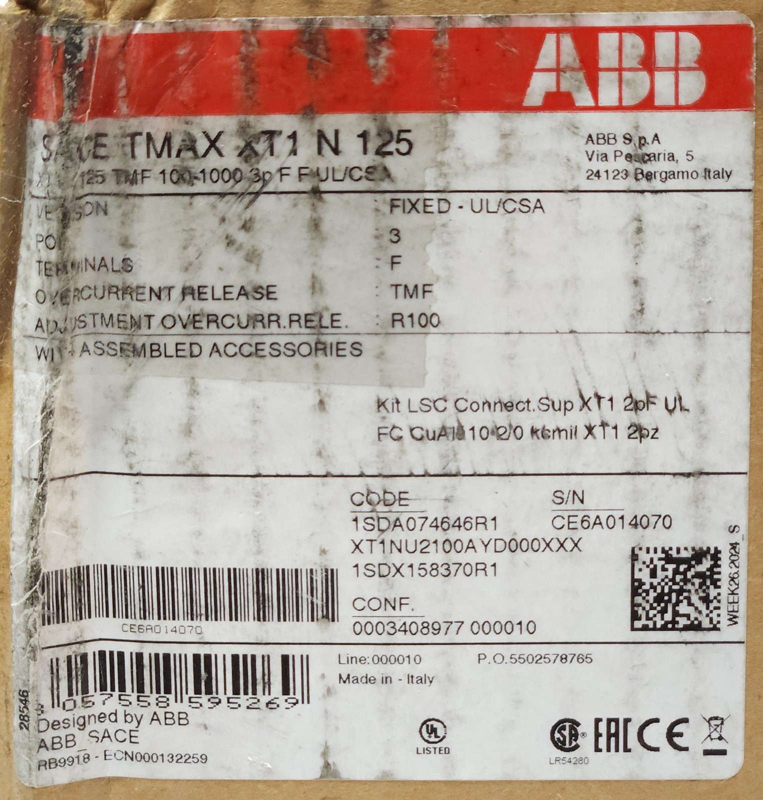 ABB SACE TMAX XT1 N 125 3 Pole 100 AMP XTIN 125 With LSC Plug In Mounting Module