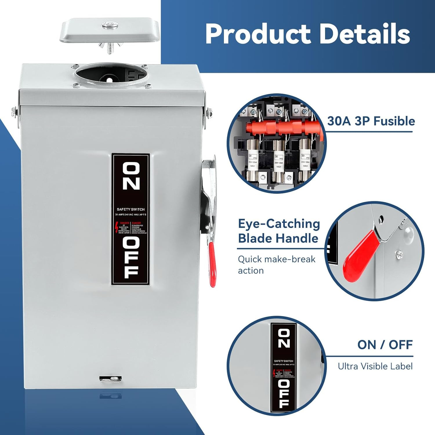 3P 30 Amp Fused Disconnect, 3 Phase Disconnect, 110/240V, Heavy Duty Metal Struc