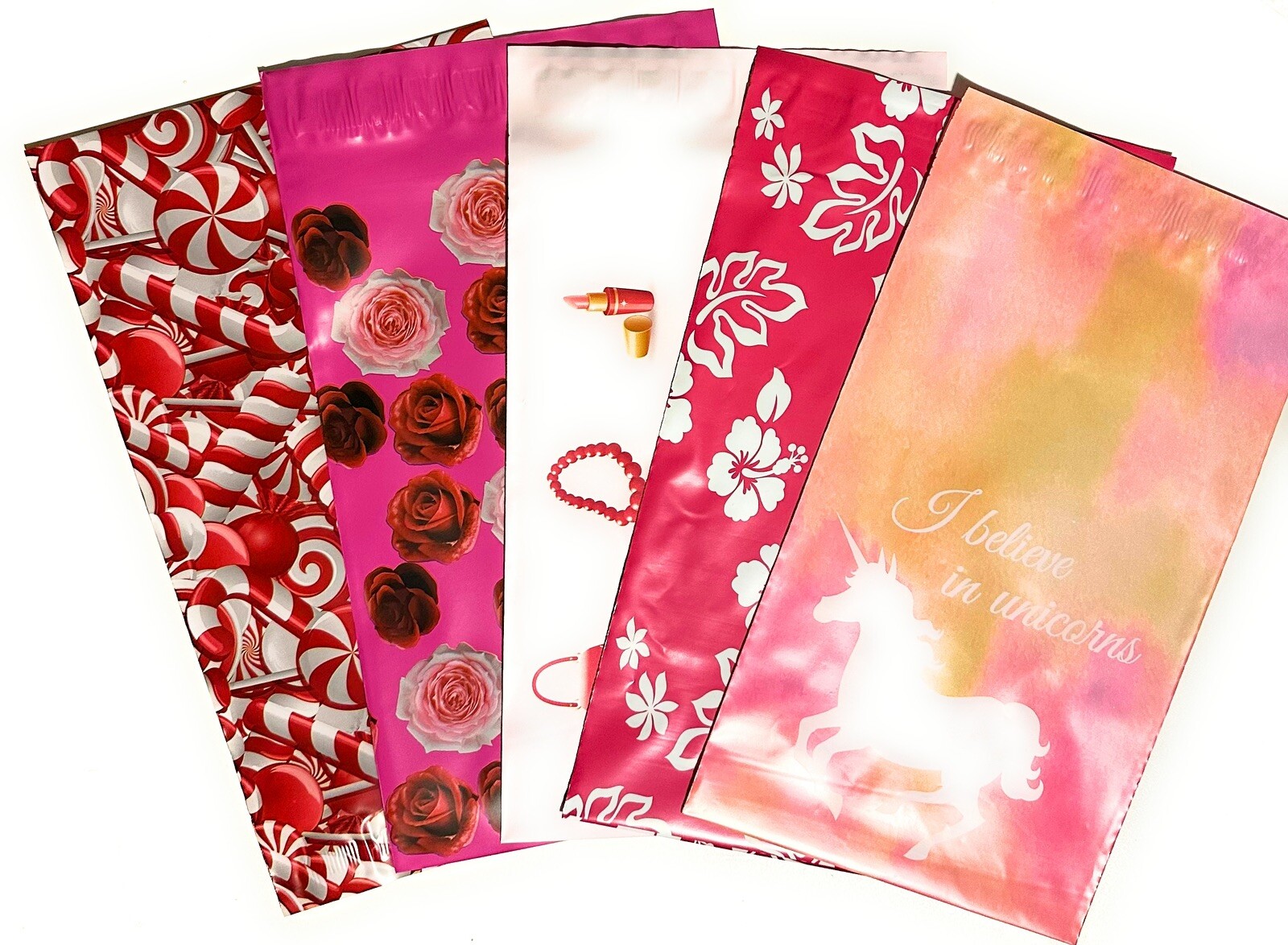 25 6×9 Pink Aloha Red Candy Cane Rose Make Up Unicorn Designer Poly Mailers
