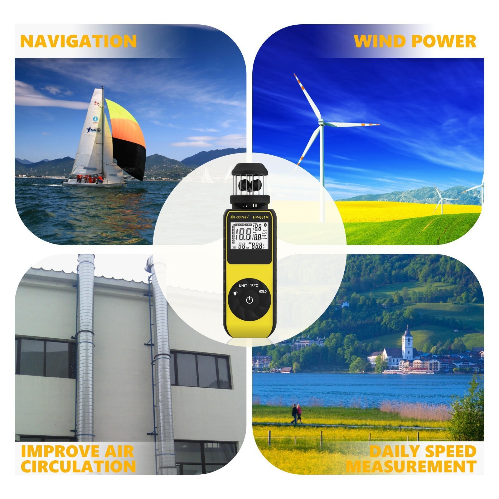 Cup Anemometer, Wind Speed/Temp, 5 Units Backlight Data Hold Max/Avg, Air Flow
