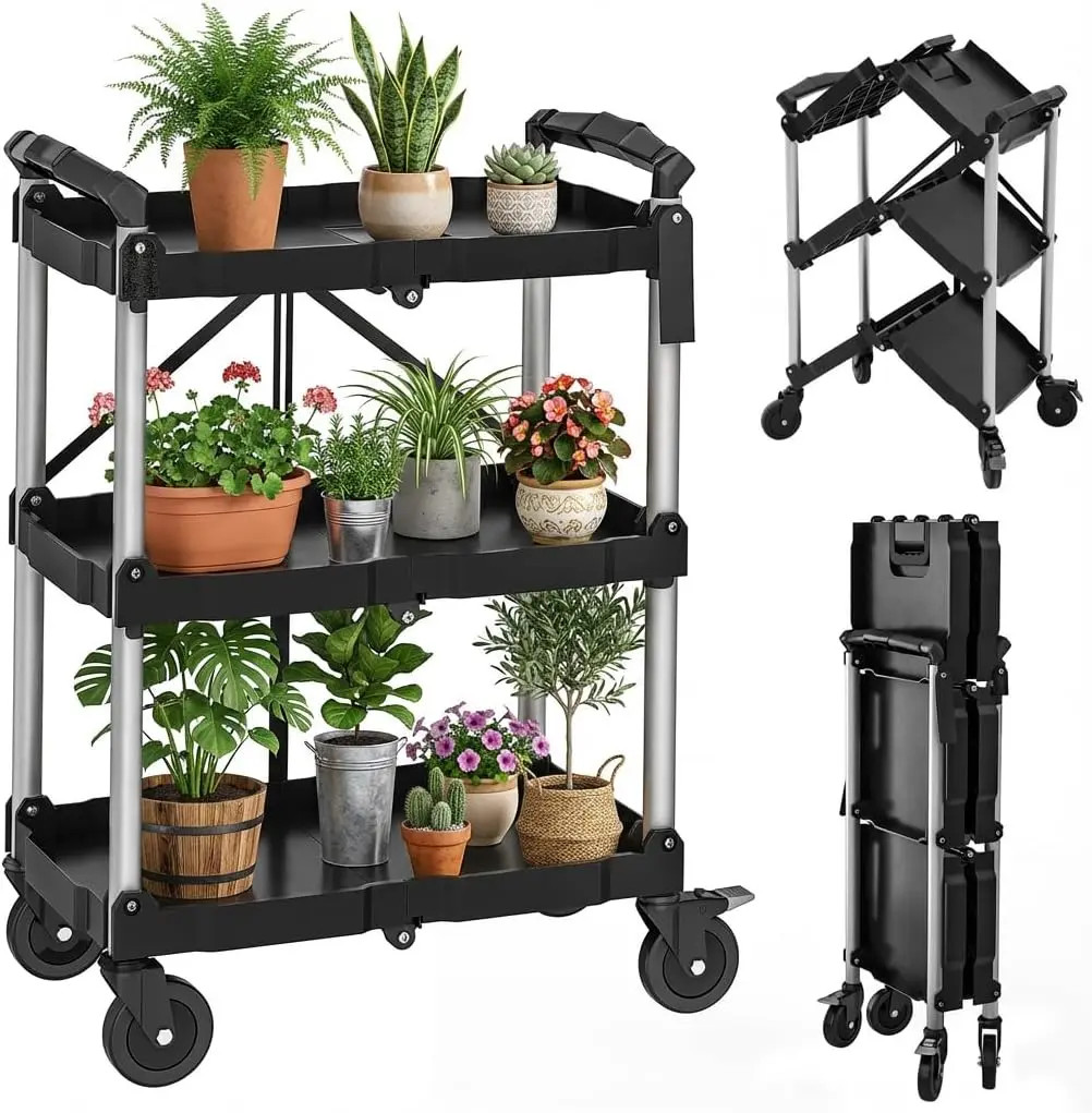 300 LBS 3 Tier Folding Service Cart Portable Cart w/Wheels&Tool Side Mount Strap