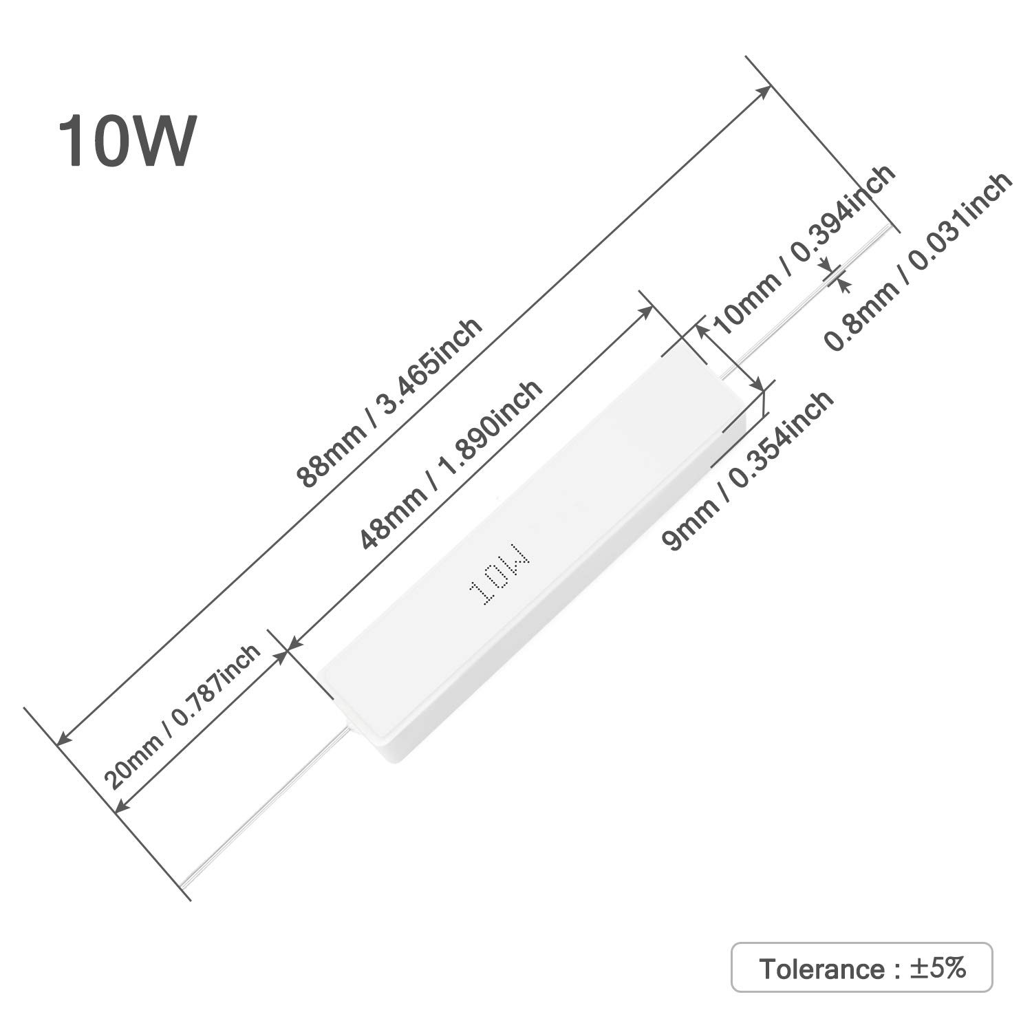 10Pcs 10W Ceramic Cement Resistor 10 O Ohm ±5% Tolerance Wirewound Induction 10