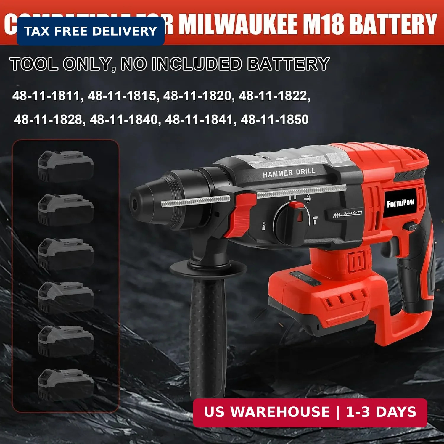 SDS Plus Rotary Hammer for Milwaukee M18 Battery (No Battery) | 2.6J Impact, Bru