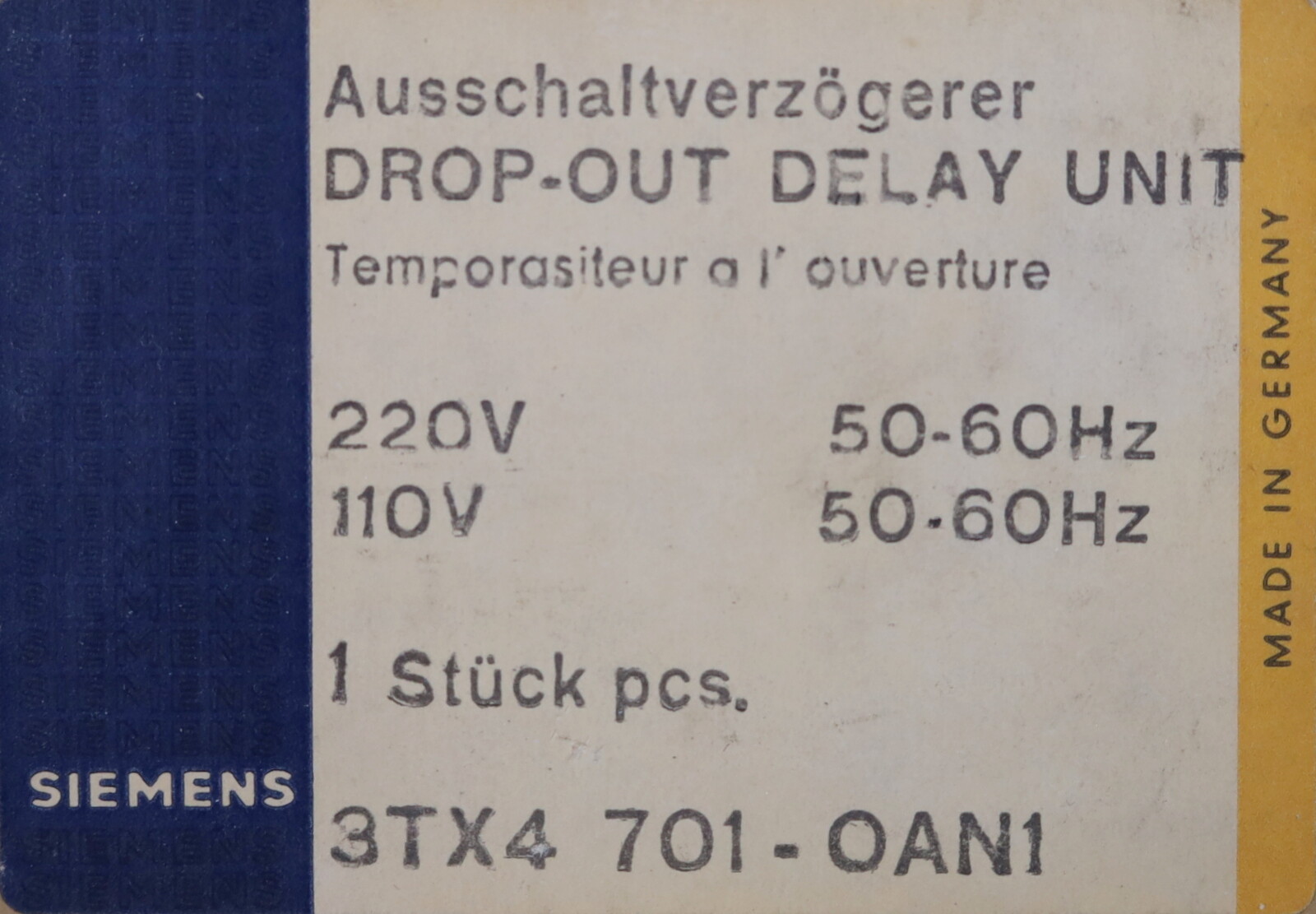 Siemens Switch Off Delay 3TX4701-0AN1 220V 50-60Hz 110V 50-60Hz Unused