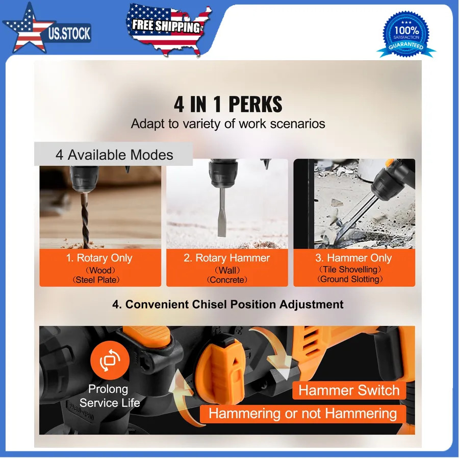 1 Inch SDS Plus Rotary Hammer Drill 8 Amp Corded Concrete Masonry Power Tool