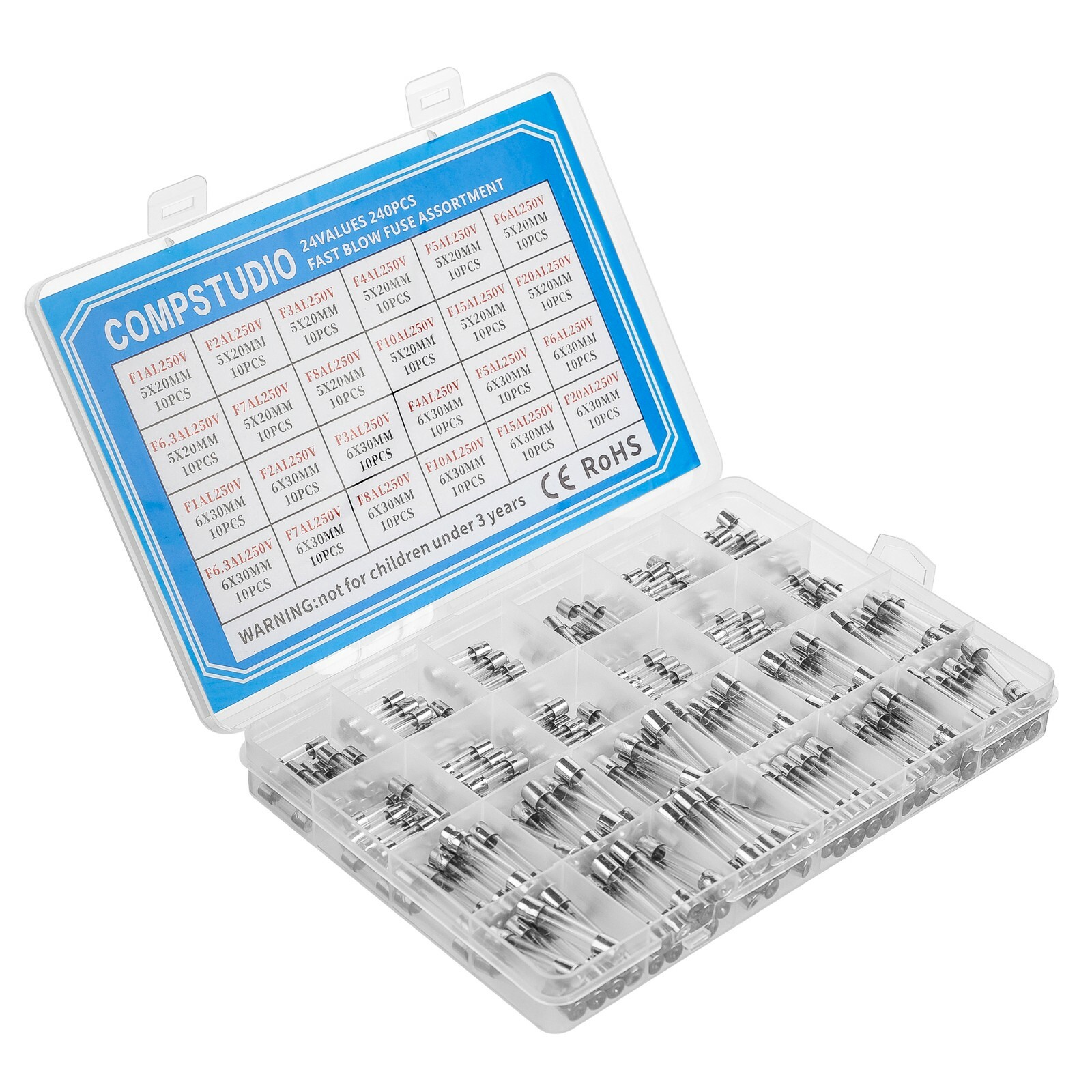 24 Values 240 Pcs Fast Blow Glass Fuses Assortment Kit 5x20mm&6x30mm 250V