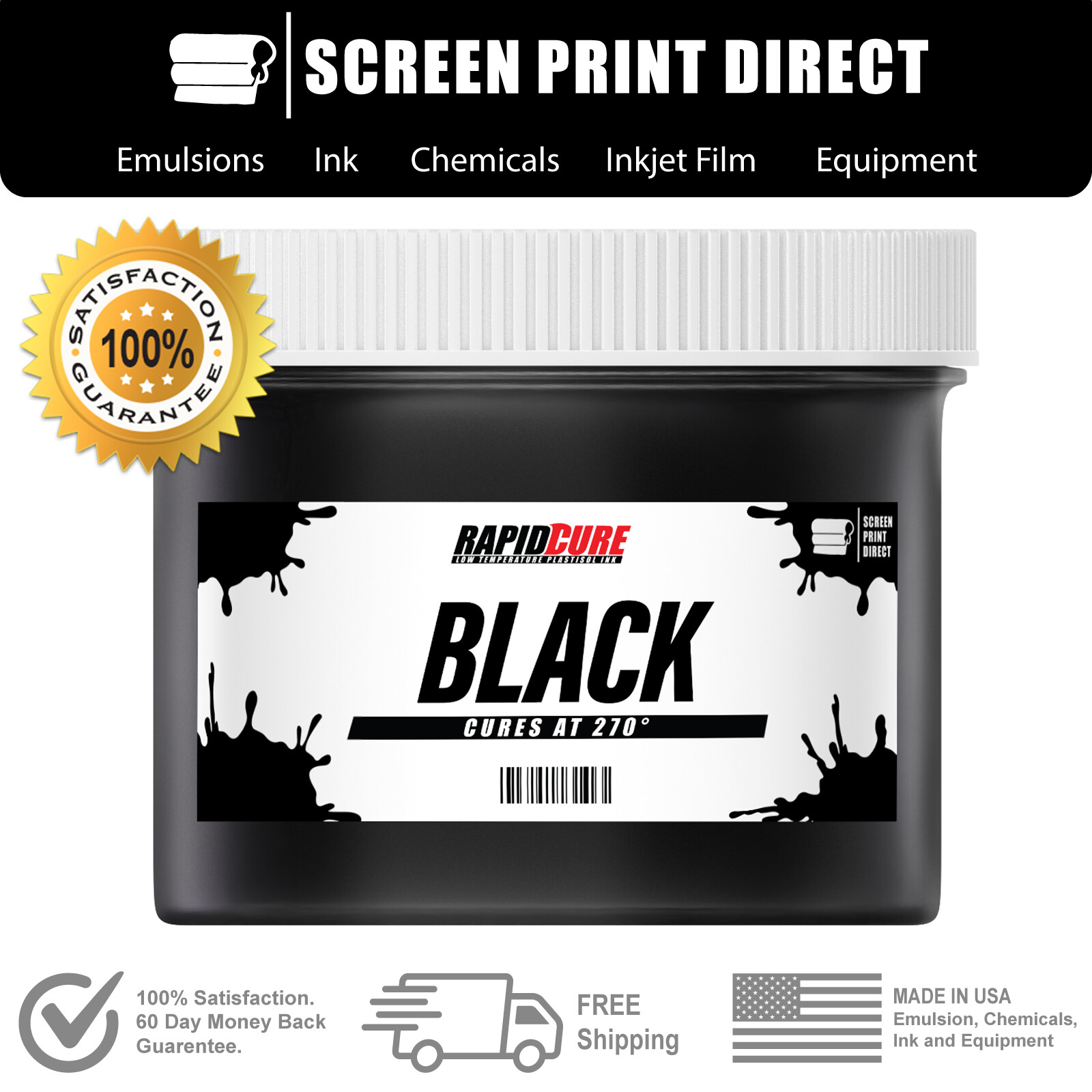 Black – Screen Printing Plastisol Ink – Low Temp Cure 270F – Gallon