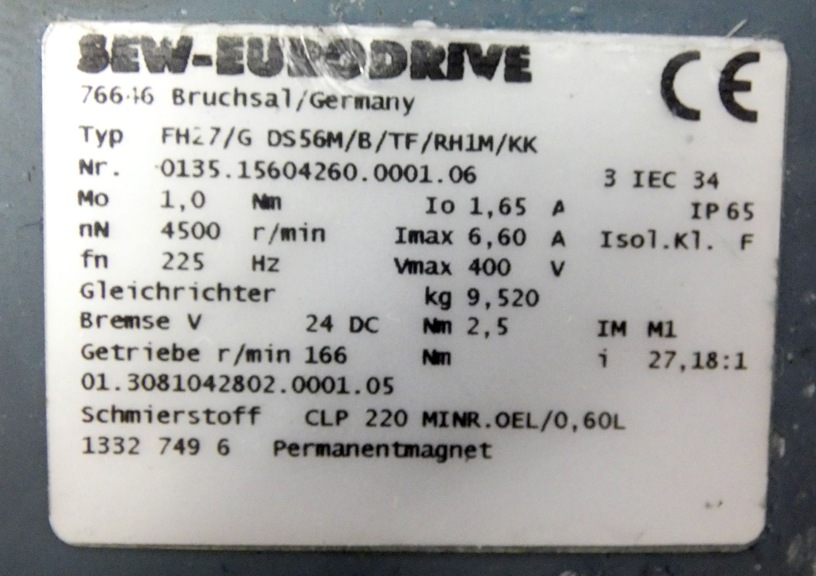 SEW EURODRIVE FH27/G DS56M/B/TF/RH1M/KK Gear Motor i=27.18 -used