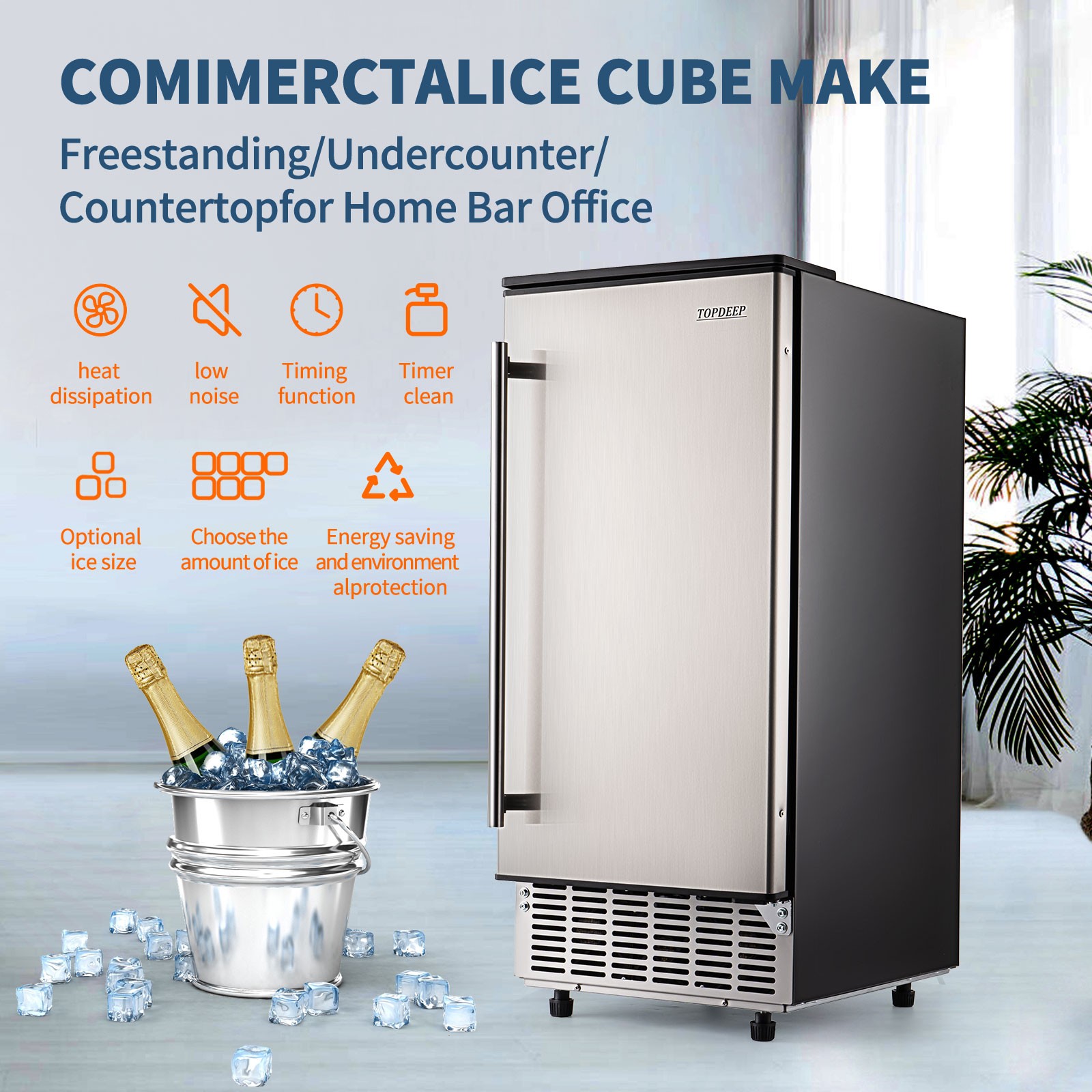Commercial Ice Maker Undercounter Freestanding Ice Cube Machine Reversible Door