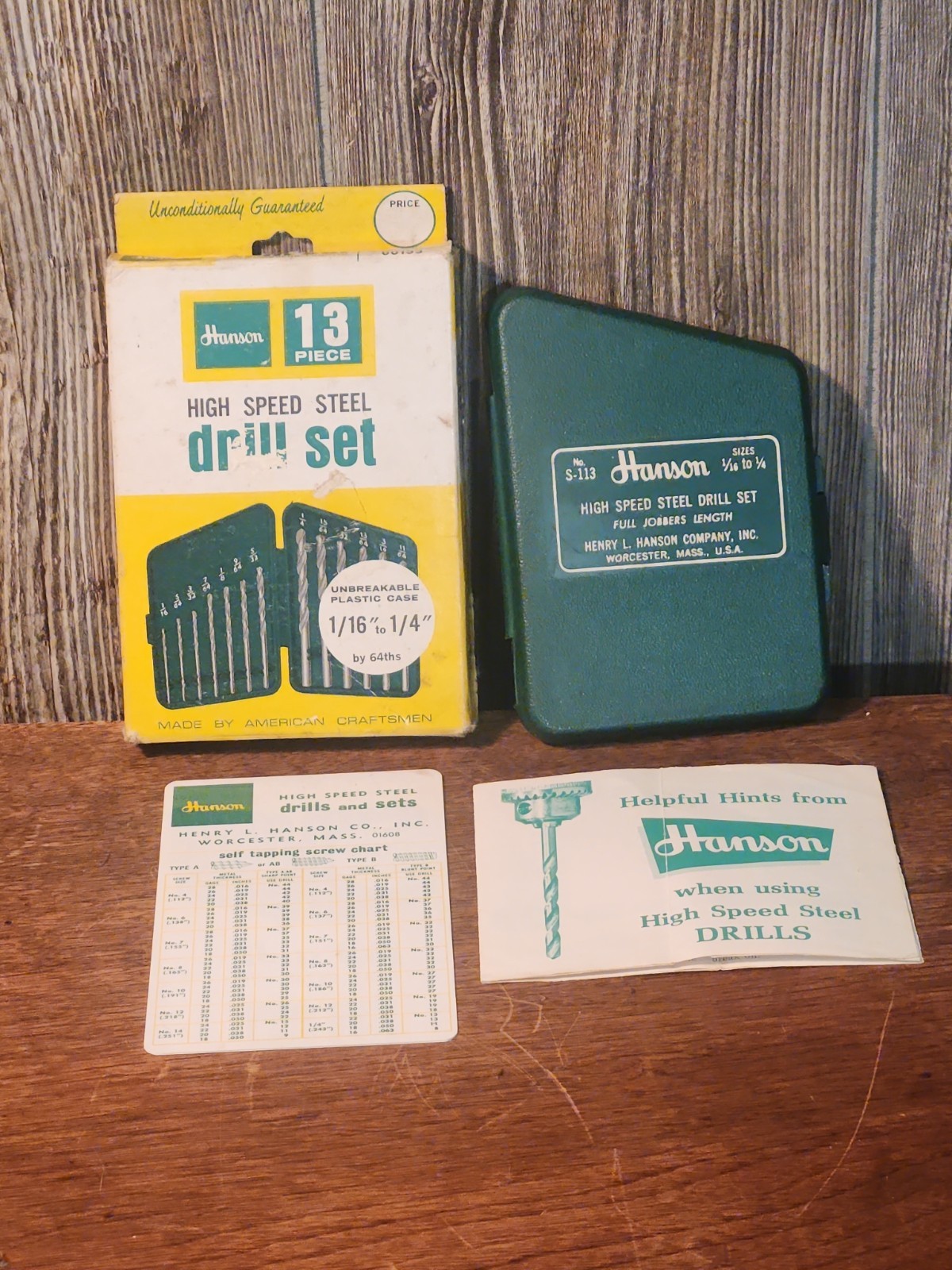 Hanson High Speed Steel Drill Set Full Jobbers Length S-113 Sizes 1/16″ to 1/4″