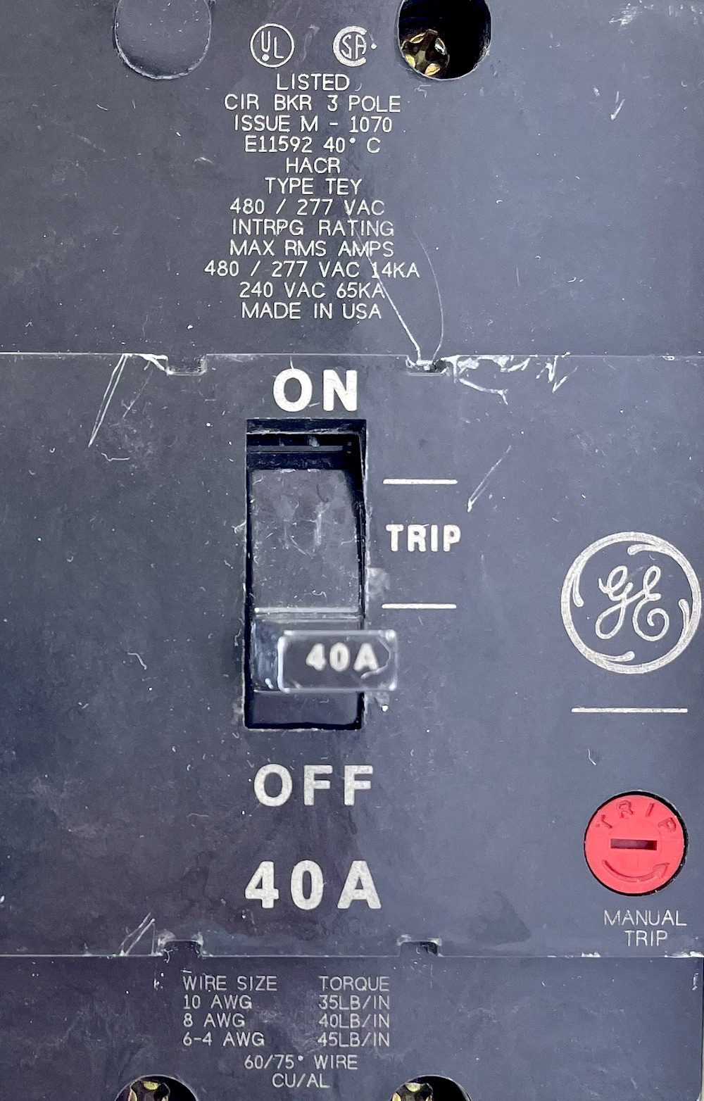 General Electric TEY340 3 Pole 40 Amp 480/277 Vac Breaker