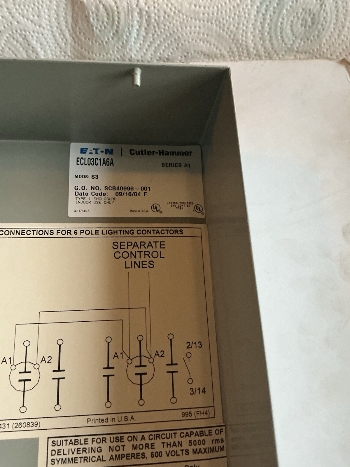 EATON / CUTLER HAMMER # ECL03C1A6A / ELECTRICALLY HELD LIGHTING CONTACTOR.(30 A)