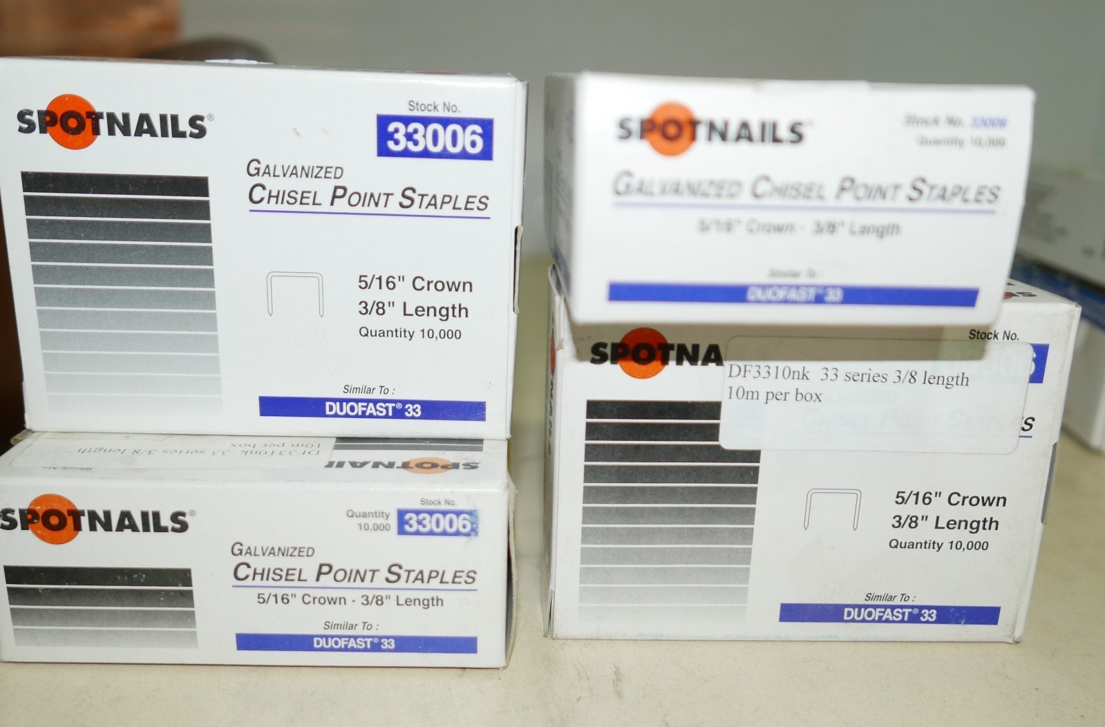 Wholesale Lot of 4x 10000 ct. Ea. Boxes Spotnails 33006 Staples like Duofast 33