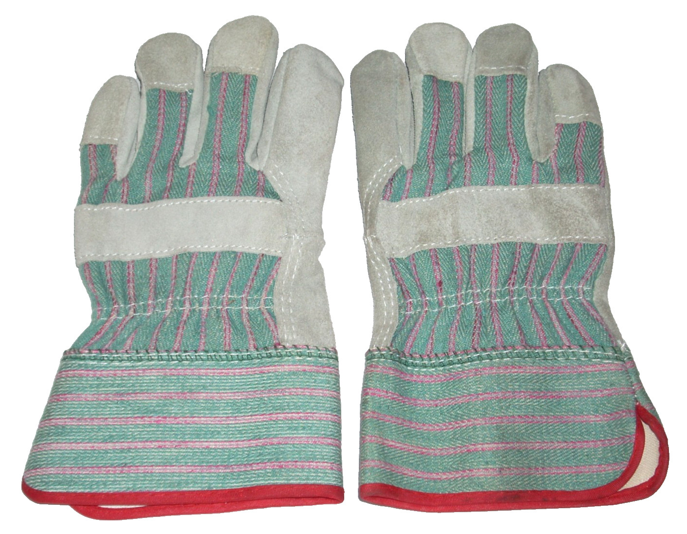 Leather Palm Canvas Back Work Gloves Gray/Green Red Seam Size Small