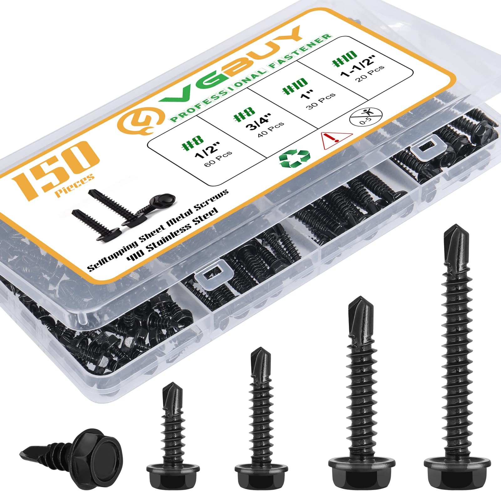 VGBUY 150Pcs Self Drilling Screws Assortment Kit, 410 Stainless #8 #10, Black