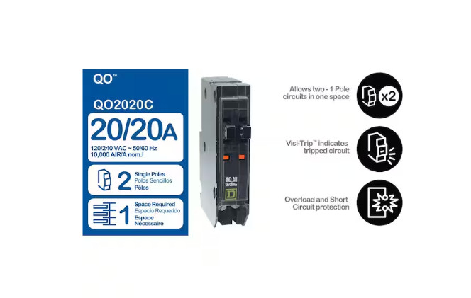 Square D QO2020 QO2020C Twin/Tandem 20/20A 2 Single Poles Breaker