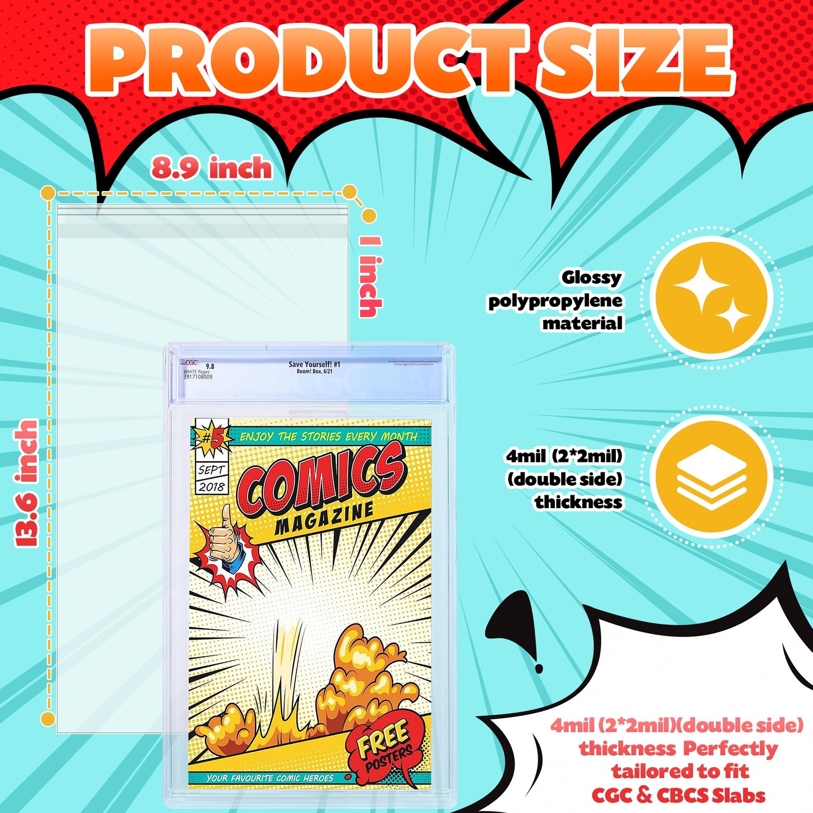 50 Pcs Resealable Graded Comic Book Bags,Clear Plastic Comic Sleeves for CGC …
