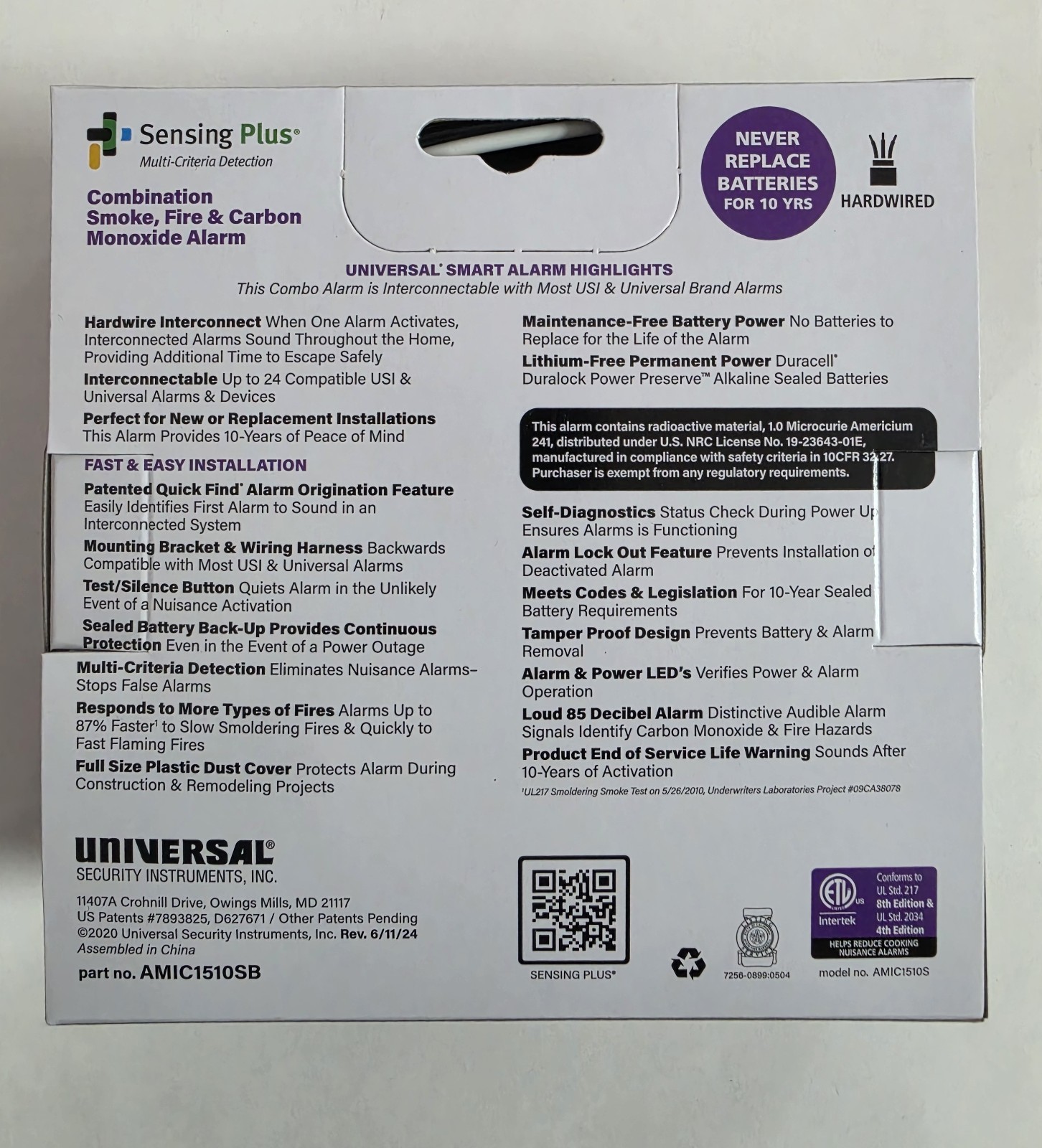 USI Sensing Plus AMIC1510SB Multi Criteria Hardwired Combo Smoke, Fire & Carbon