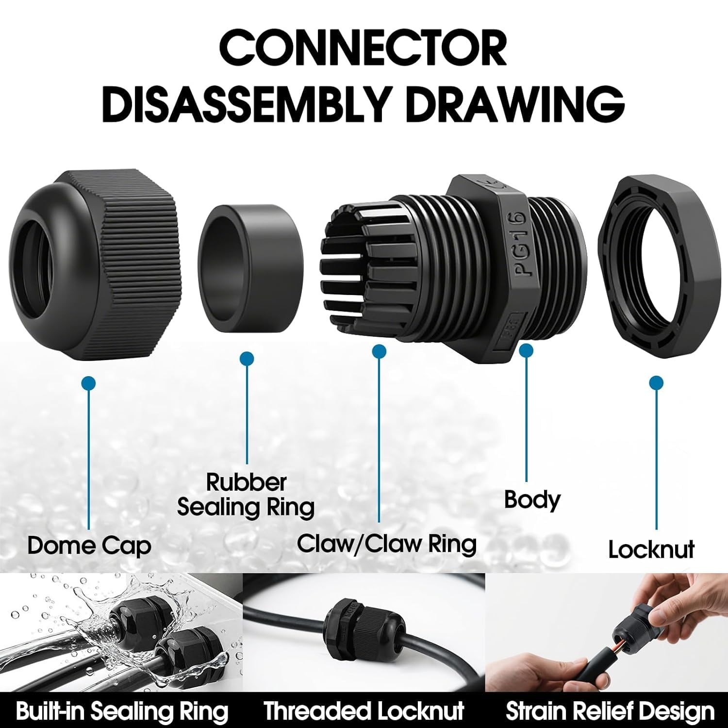 IP68 Waterproof Cable Gland Kit 25 Pack PG7 to PG16 Nylon Cord Grip Connectors