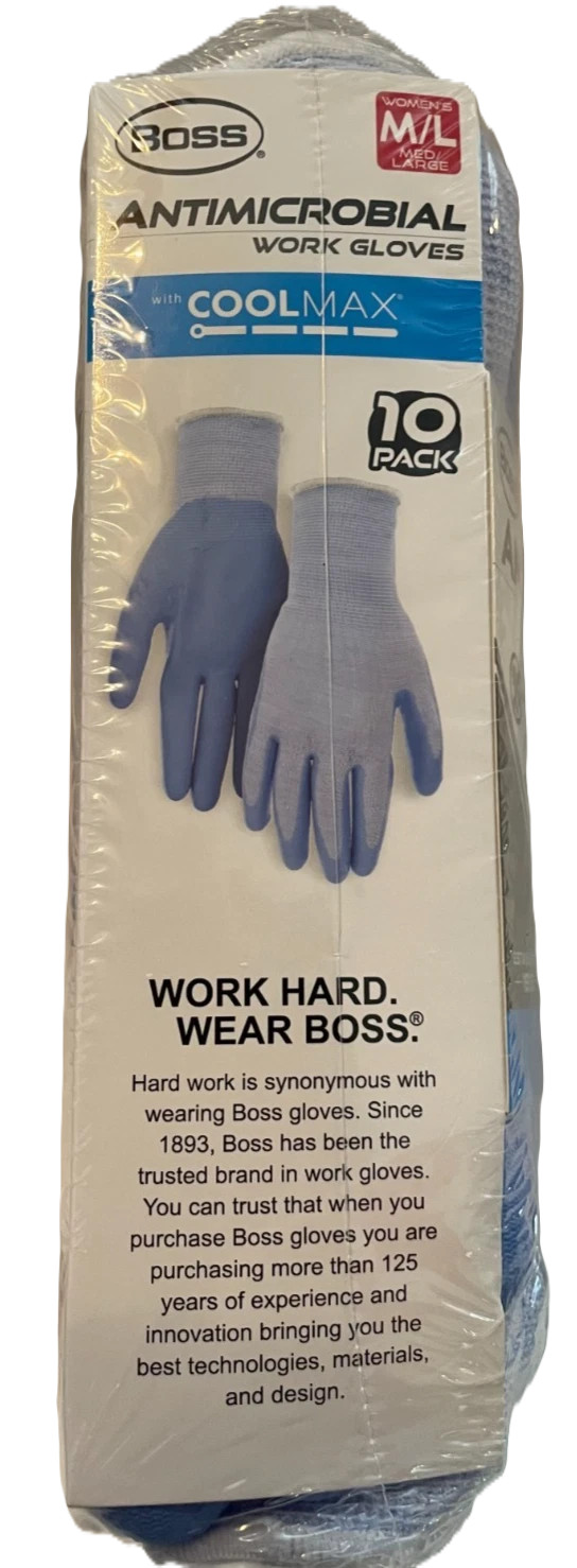 Boss Antimicrobial Women’s Work Gloves with Grip Coating – CoolMax Core (10PK)