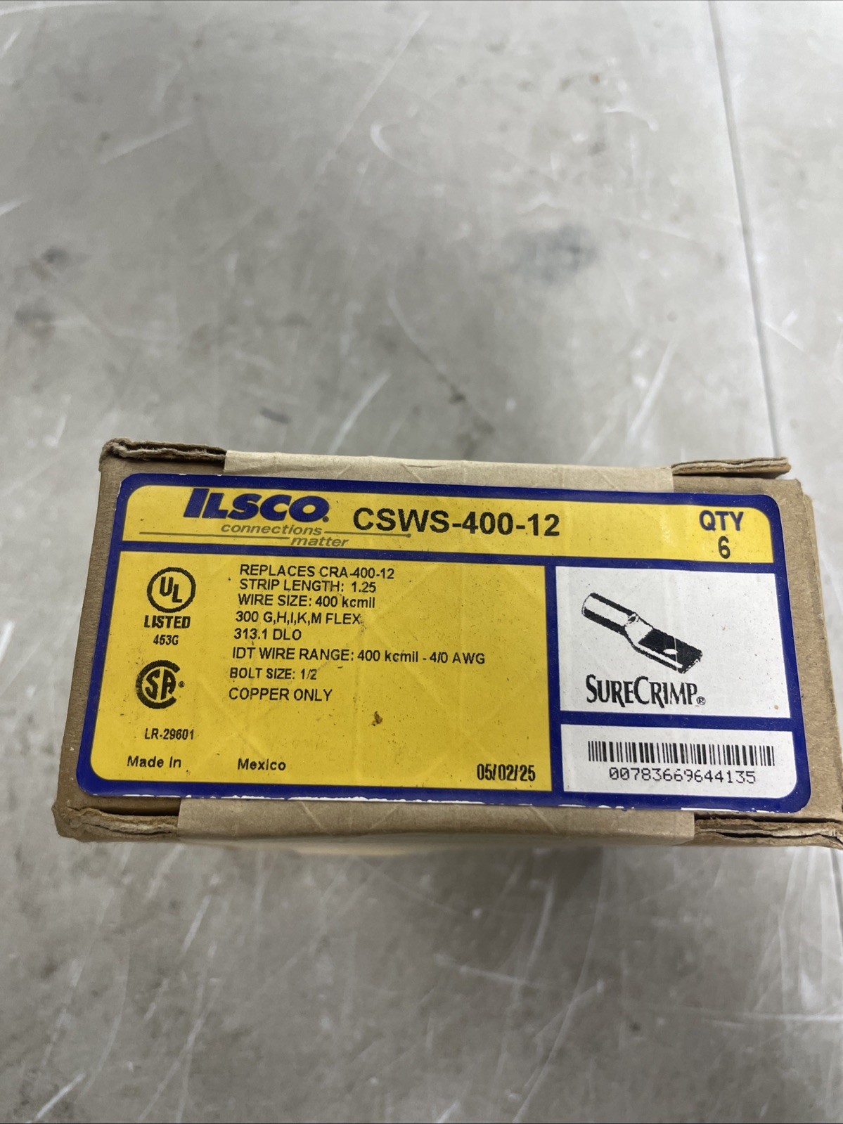 CSWS-400-12 Copper Compression Lugs Standard barrel 1-hole Blue Die Lot of 6