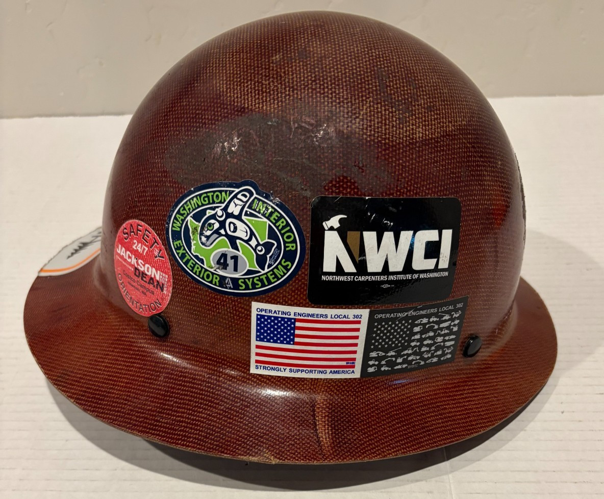 MSA Skull Gard Full Brim Brown Hard Hat w/Union Construction Decals Used w/Wear