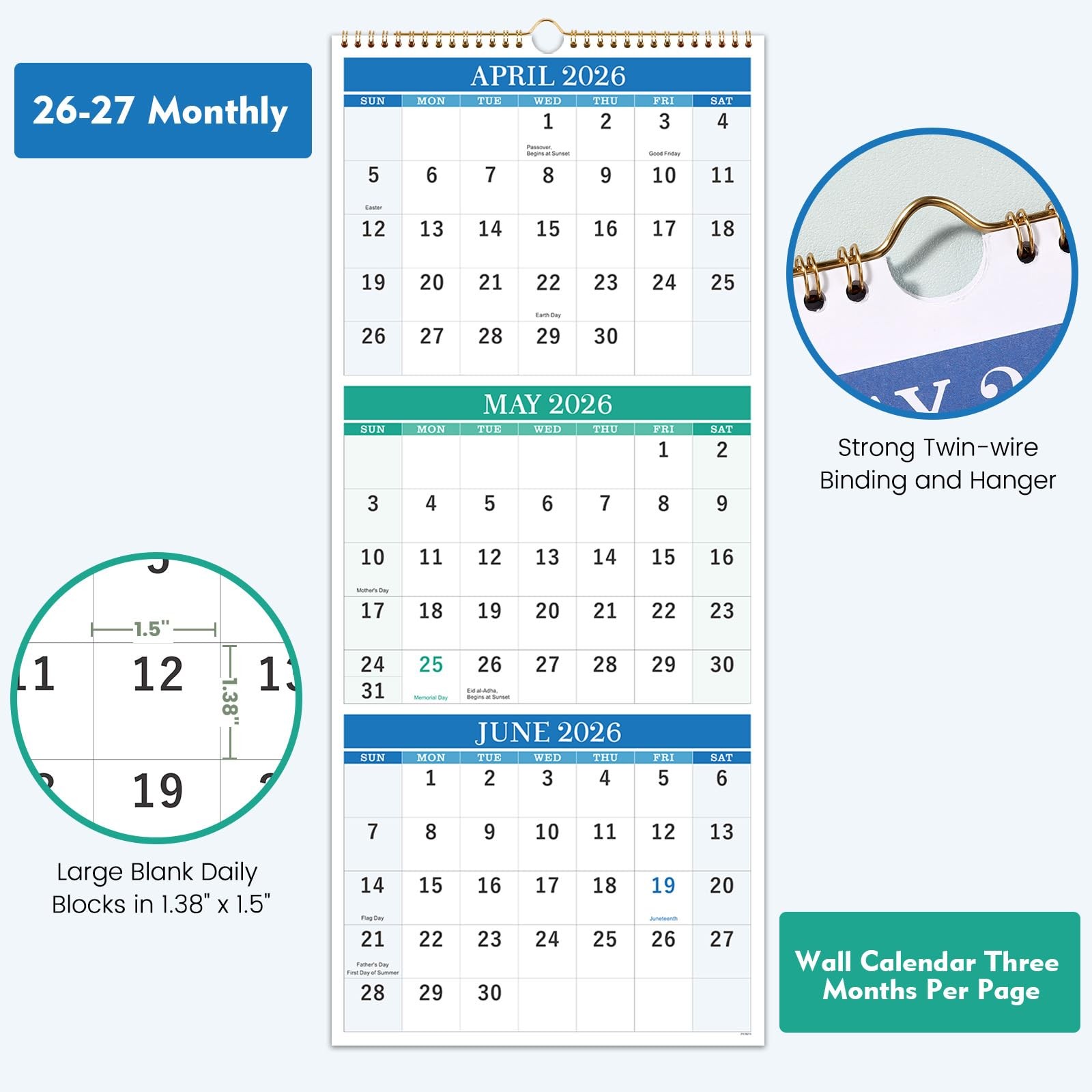 Wall Calendar 2026-2027 – 3 Month Vertical, April 2026 multicolored