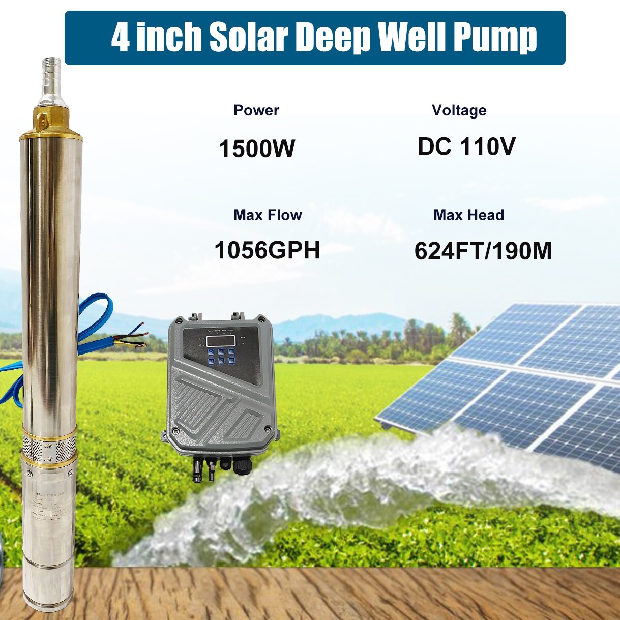 2HP 4″ Solar Pump Submersible Pump Bore Deep Well Pump+MPPT Controller DC 110V