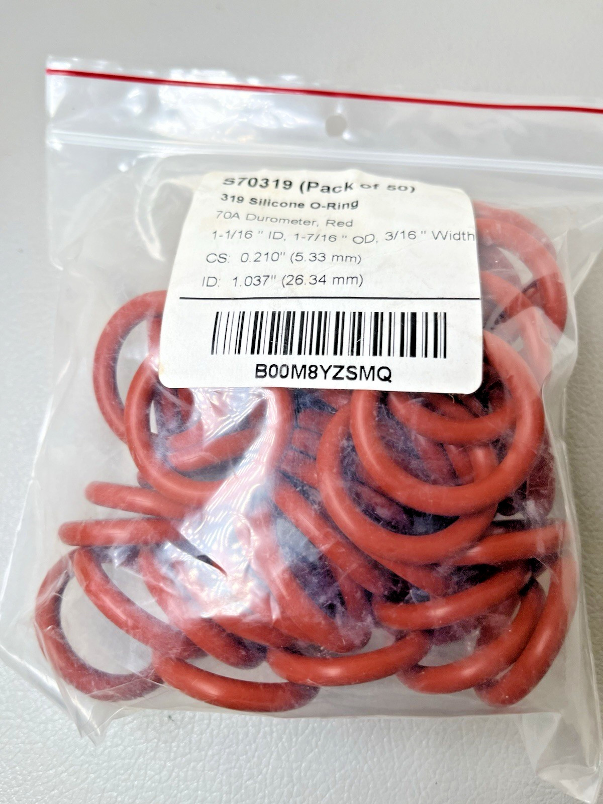 319 Silicone O-ring 70 Durometer Red 1-1/16″ ID x 1-7/16″ OD 3/16″ S70319 PK50