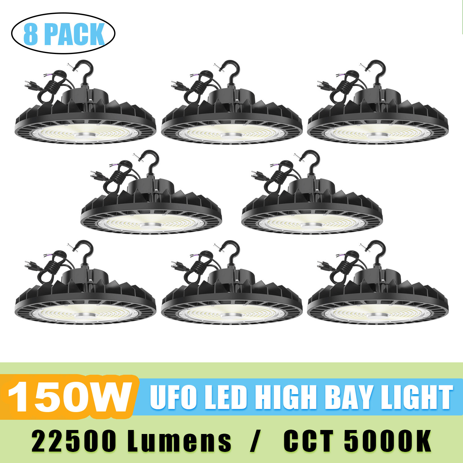 8 Pack LED High Bay Light 150W, 22500lm High Bay Led Lights (650W MH/HPS Equiv.)