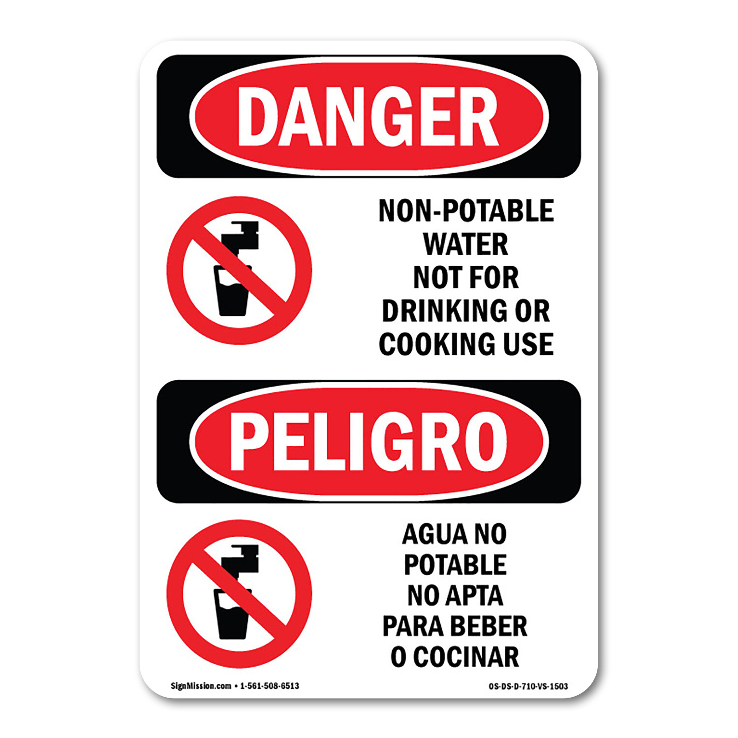 Non-Potable Water No Drinking Bilingual ANSI Danger Sign Metal Plastic Decal