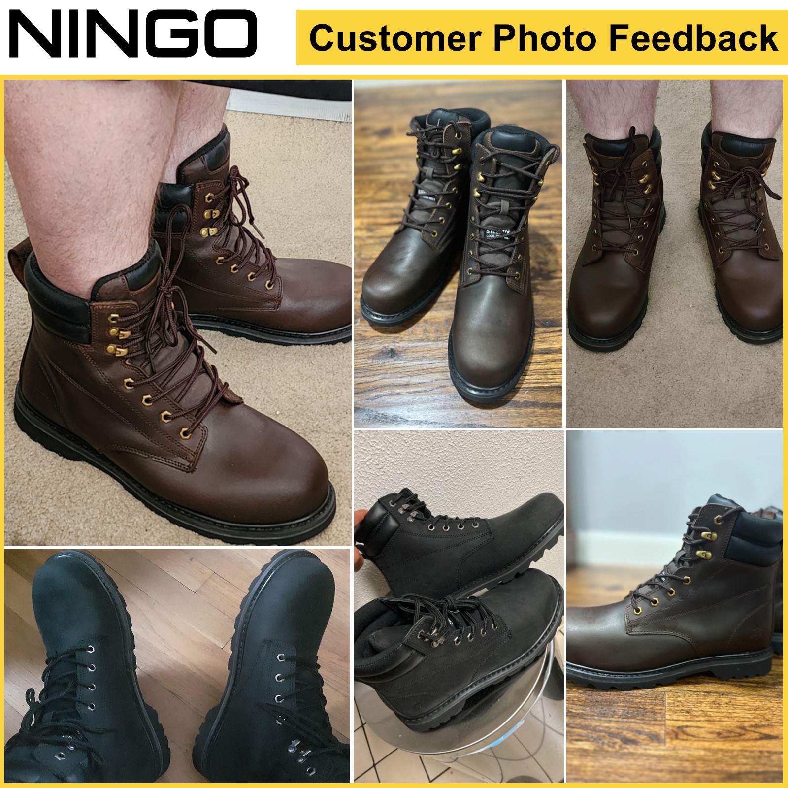 NINGO 6” Men Leather Safety Work Boot Steel/Soft Toe Lace Up Trail Hiking Shoes