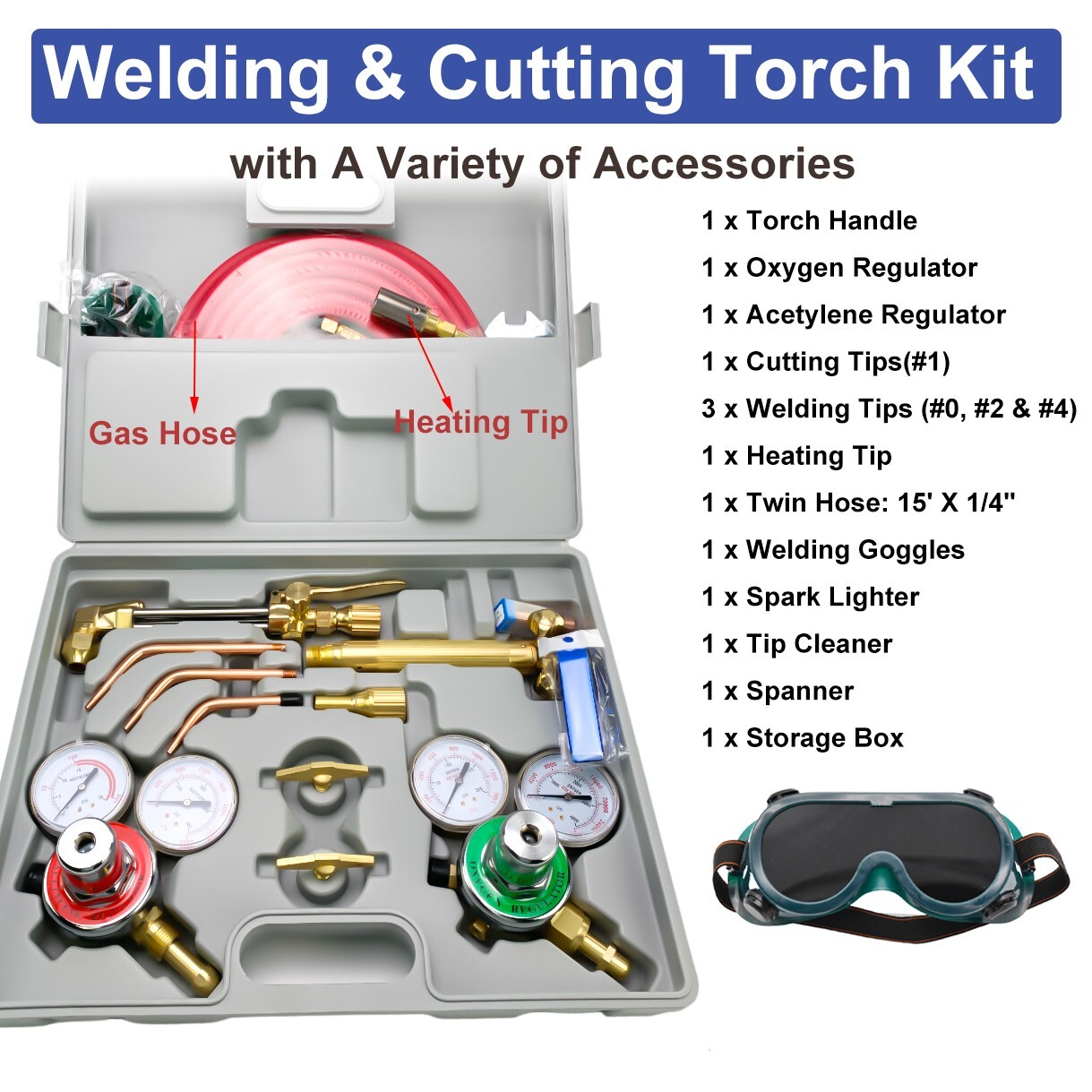 Cutting Welding Torch Kit Oxygen & Acetylene Welding Kit w/15′ Hose Glasses Case