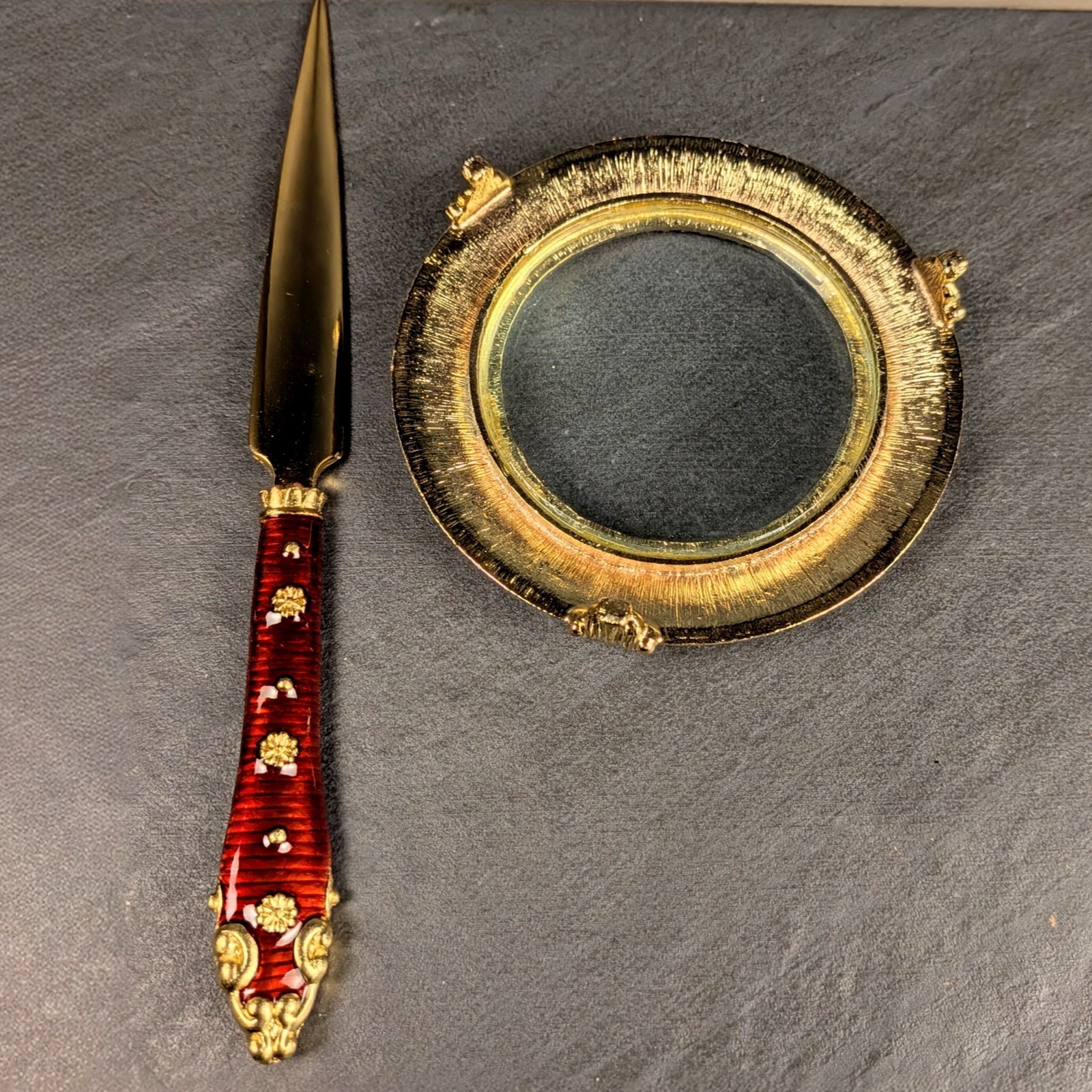 Vintage Bombay Co Red Enamel Magnifying Glass Letter Opener Set Boxed