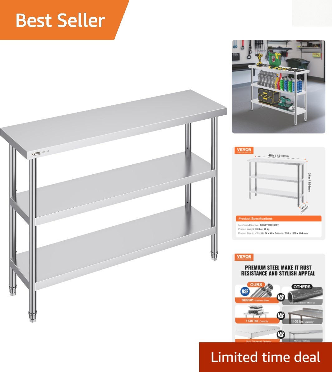 Heavy Duty Stainless Steel Prep Table 14×48 for Kitchen, BBQ, Garage