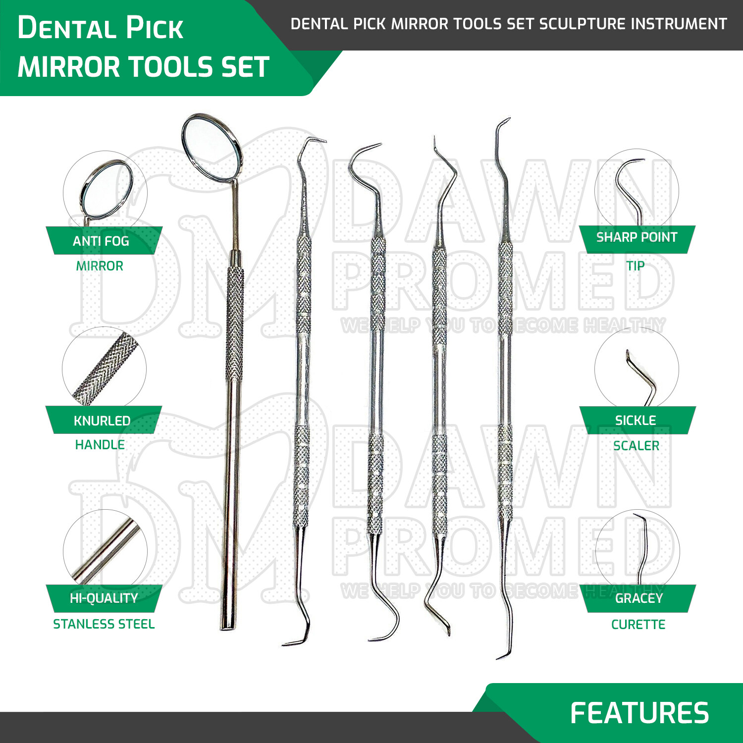 Dental Pick & Mirror Tools Set Sculpture Instrument Oral Hygiene Kit German Gr