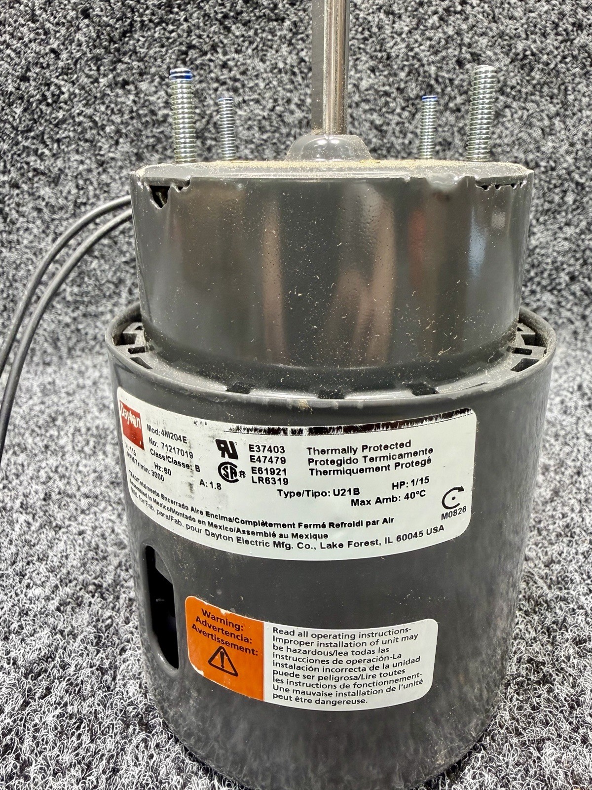 DAYTON 71217019M 4M204E HVAC Motor 115V, 3,000 RPM, 1/15 HP