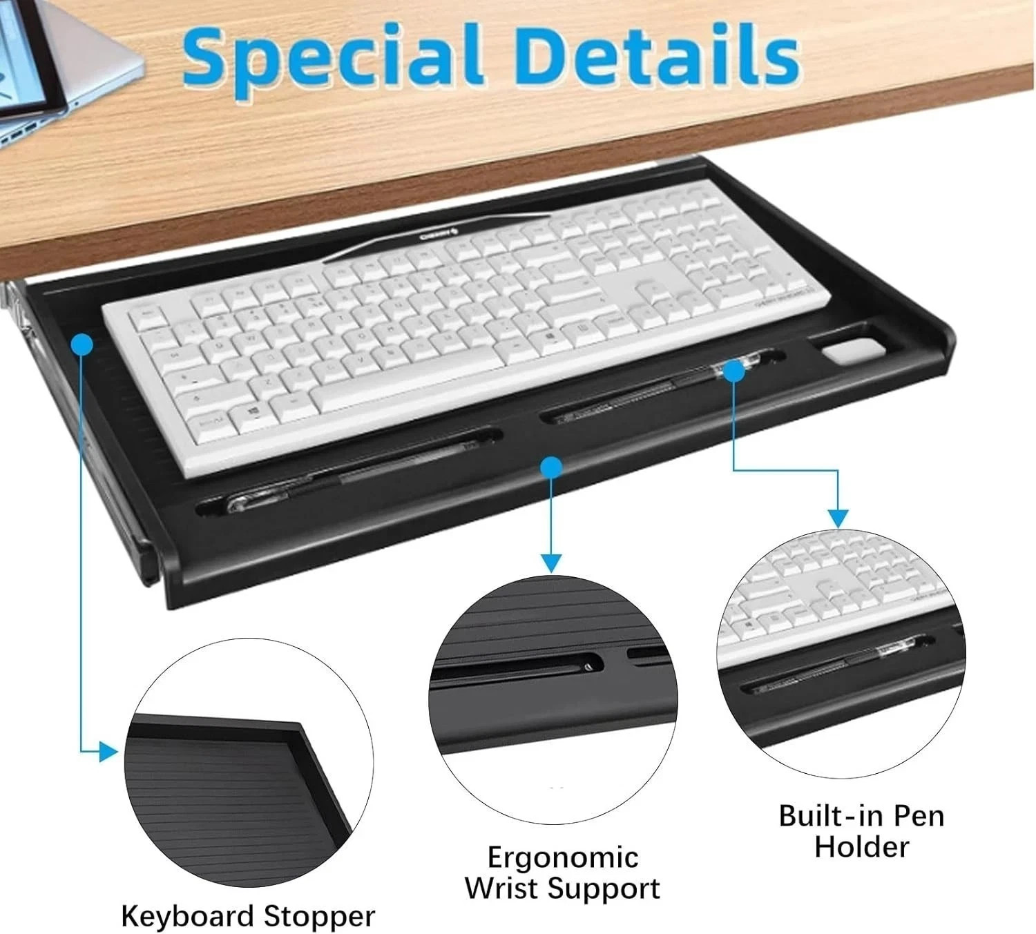 22×15″ Under Desk Keyboard Mouse Drawer Tray Silent Slide Rails for Home Office