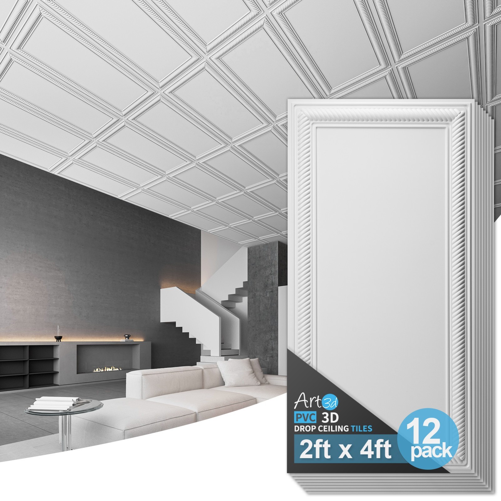 Art3d 3D PVC Drop Ceiling Tiles, 3D Wall Panels, 2×4 ft.Cover 96 Sq,ft (12-Pack)