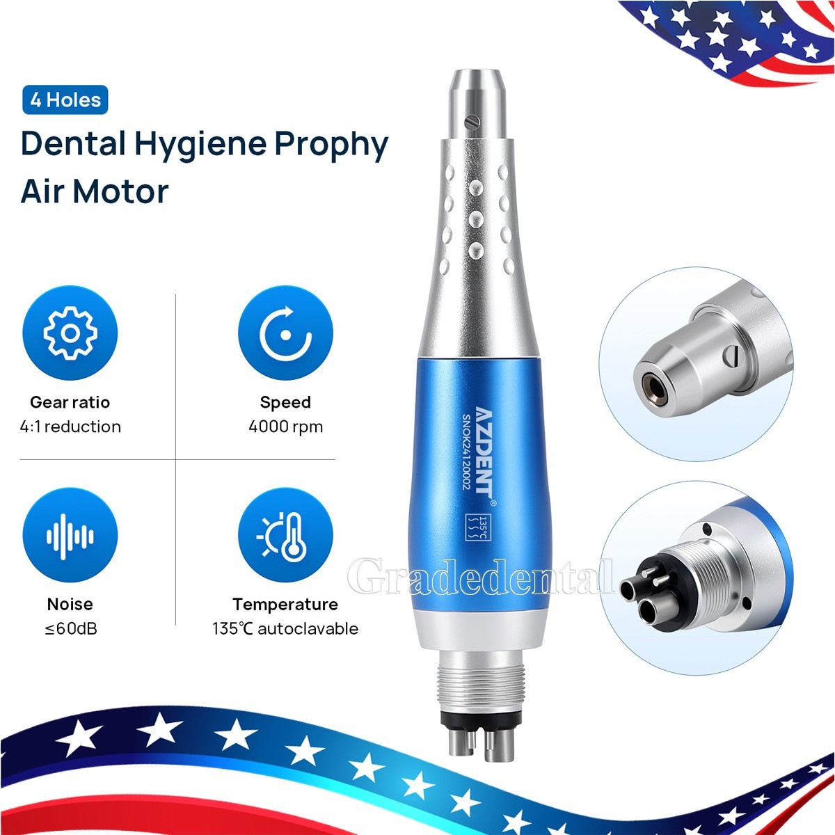 Dental Hygiene Prophy Handpiece Air Motor 4 Holes & 4:1 Nose cone