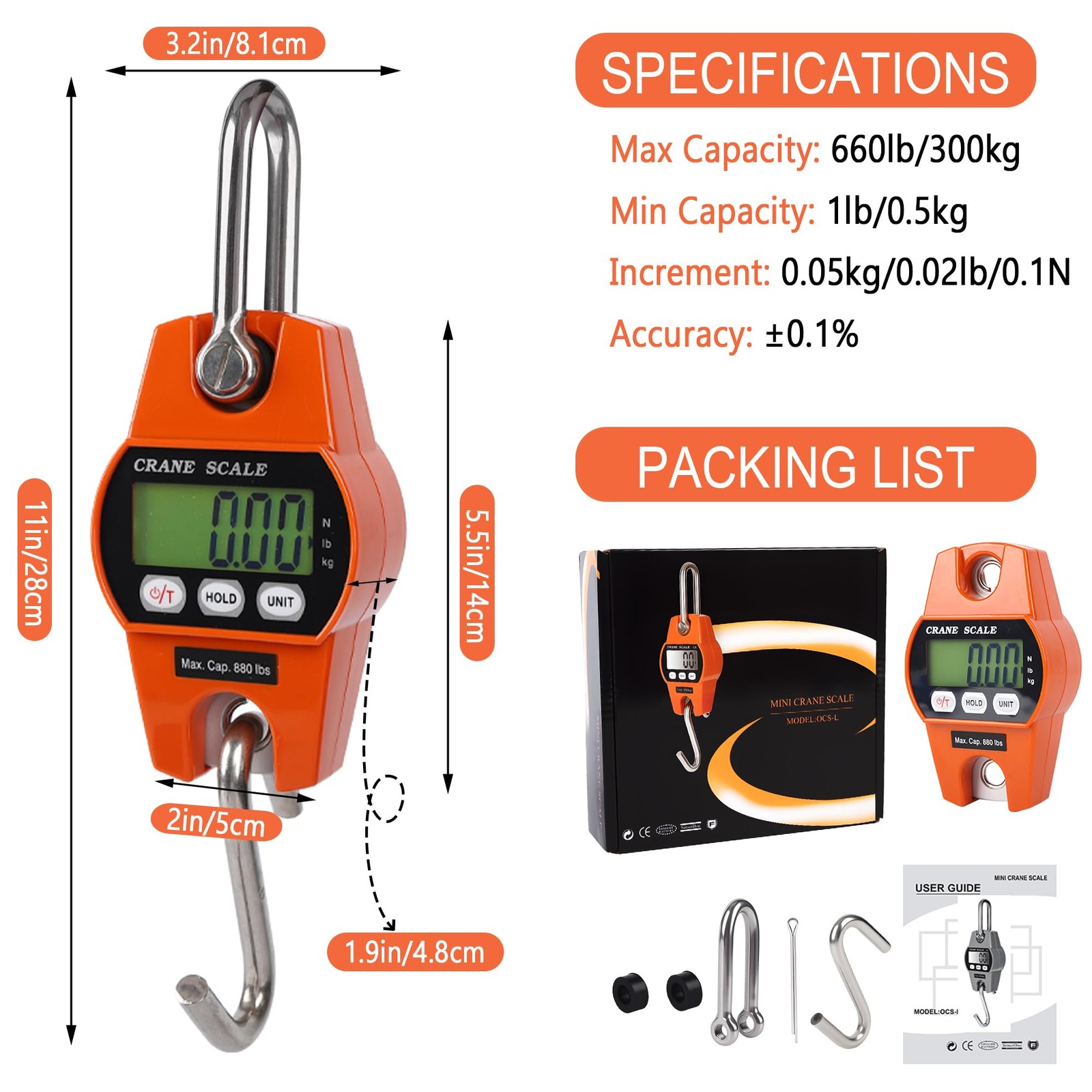 660lb 300kg Digital Crane Scale LCD Handheld Hanging Weight Scale Heavy Duty…